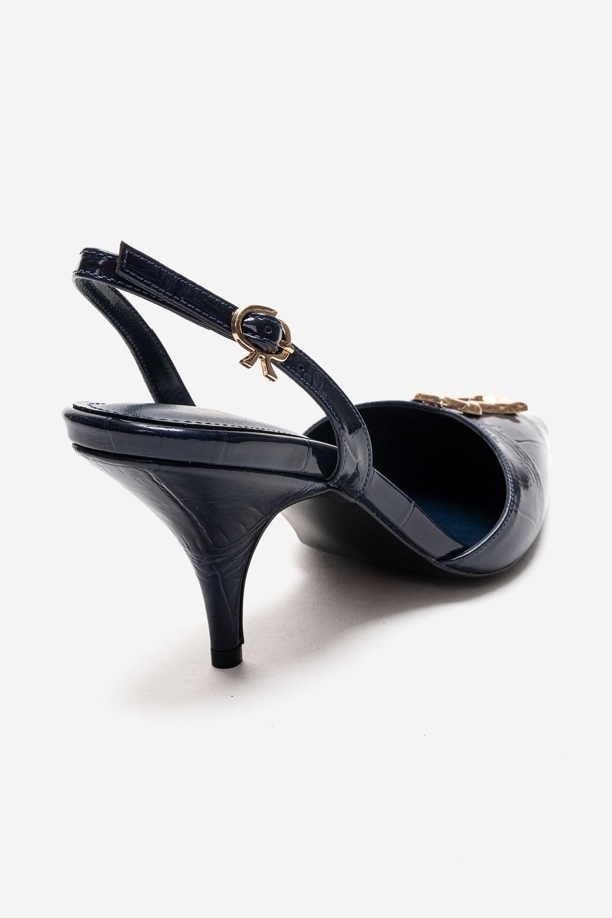 Yvella - Navy Patent Buckle Pointed Toe Stiletto Pump – back view showing leather, SimmiUnique