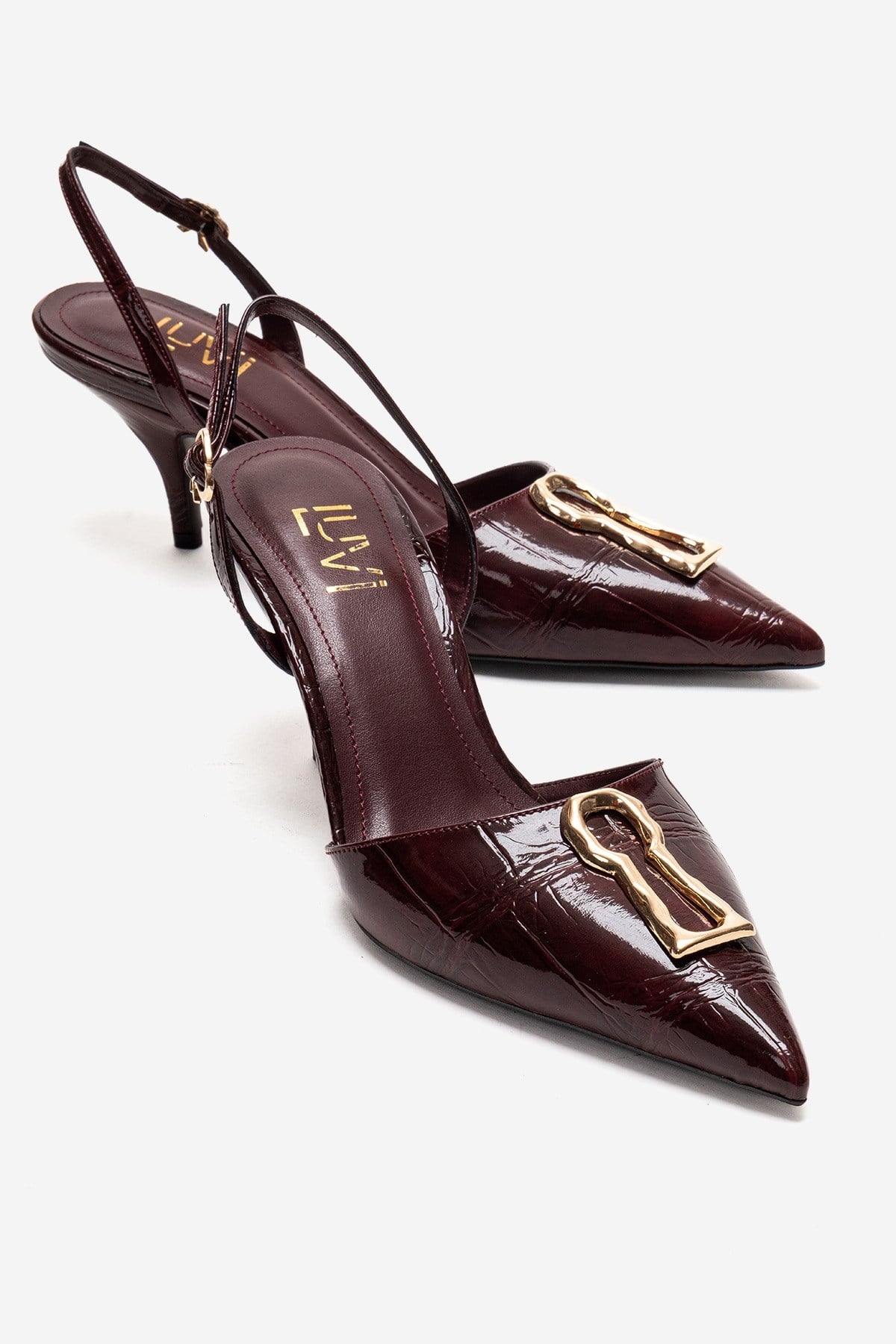 Yvella - Burgundy Patent Buckle Pointed Toe Stiletto Pump – front three-quarter view showing leather, metallic, SimmiUnique