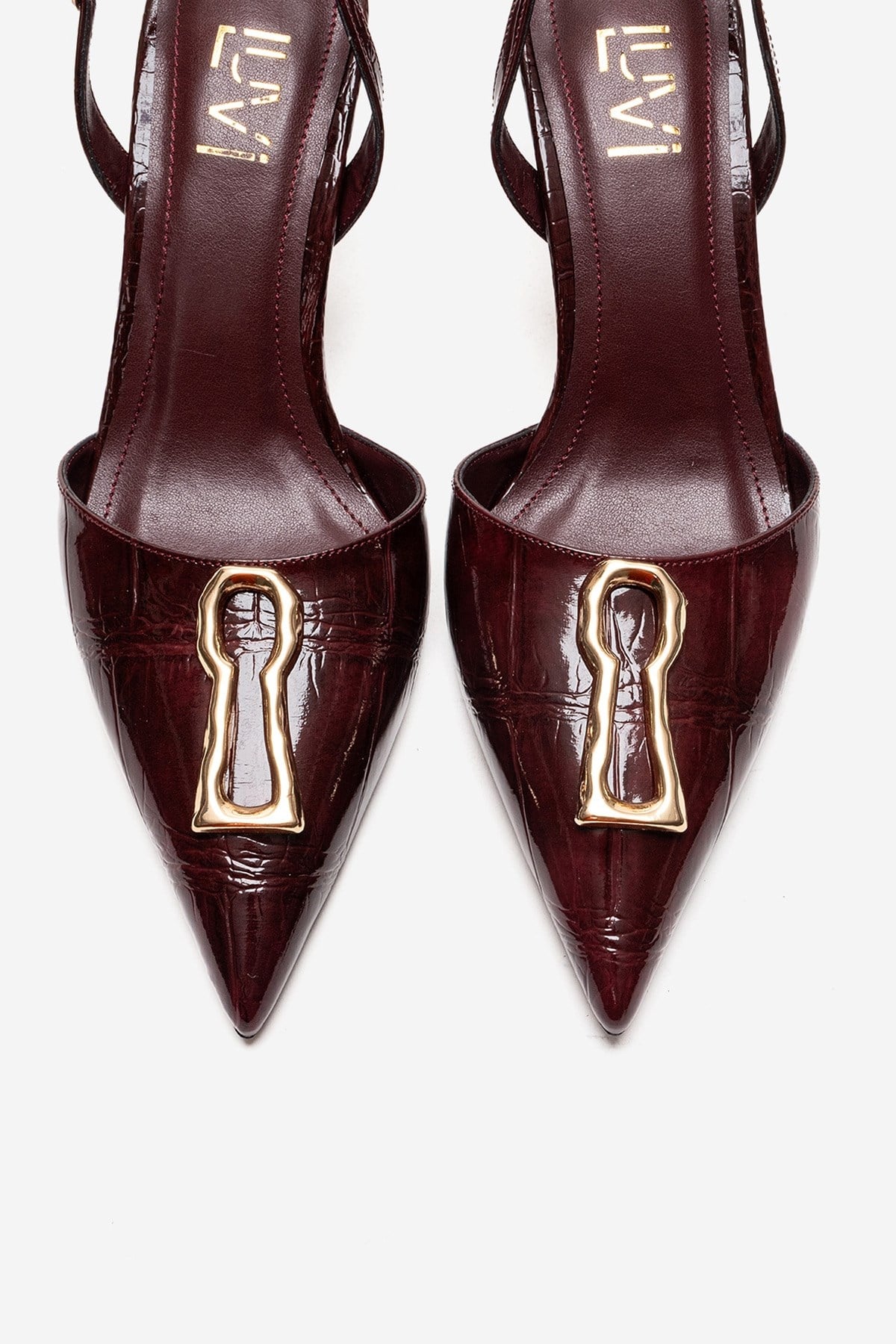 Yvella - Burgundy Patent Buckle Pointed Toe Stiletto Pump – side view showing leather, metallic, SimmiUnique