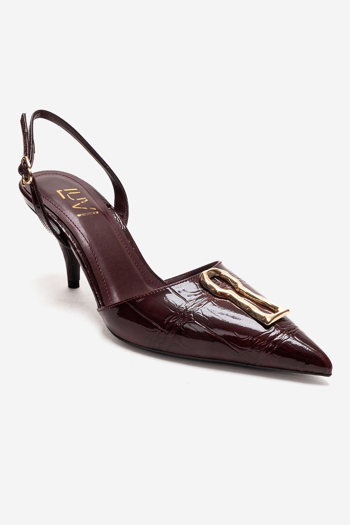 Yvella - Burgundy Patent Buckle Pointed Toe Stiletto Pump – detail view showing leather, metallic, SimmiUnique