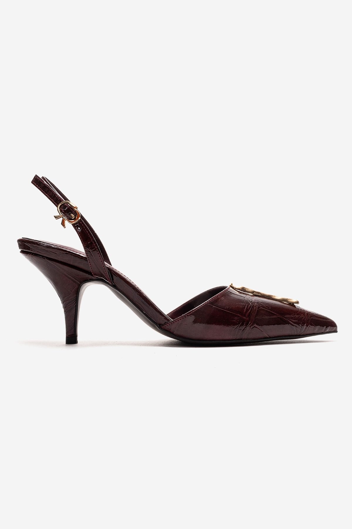 Yvella - Burgundy Patent Buckle Pointed Toe Stiletto Pump – heel view showing leather, metallic, SimmiUnique
