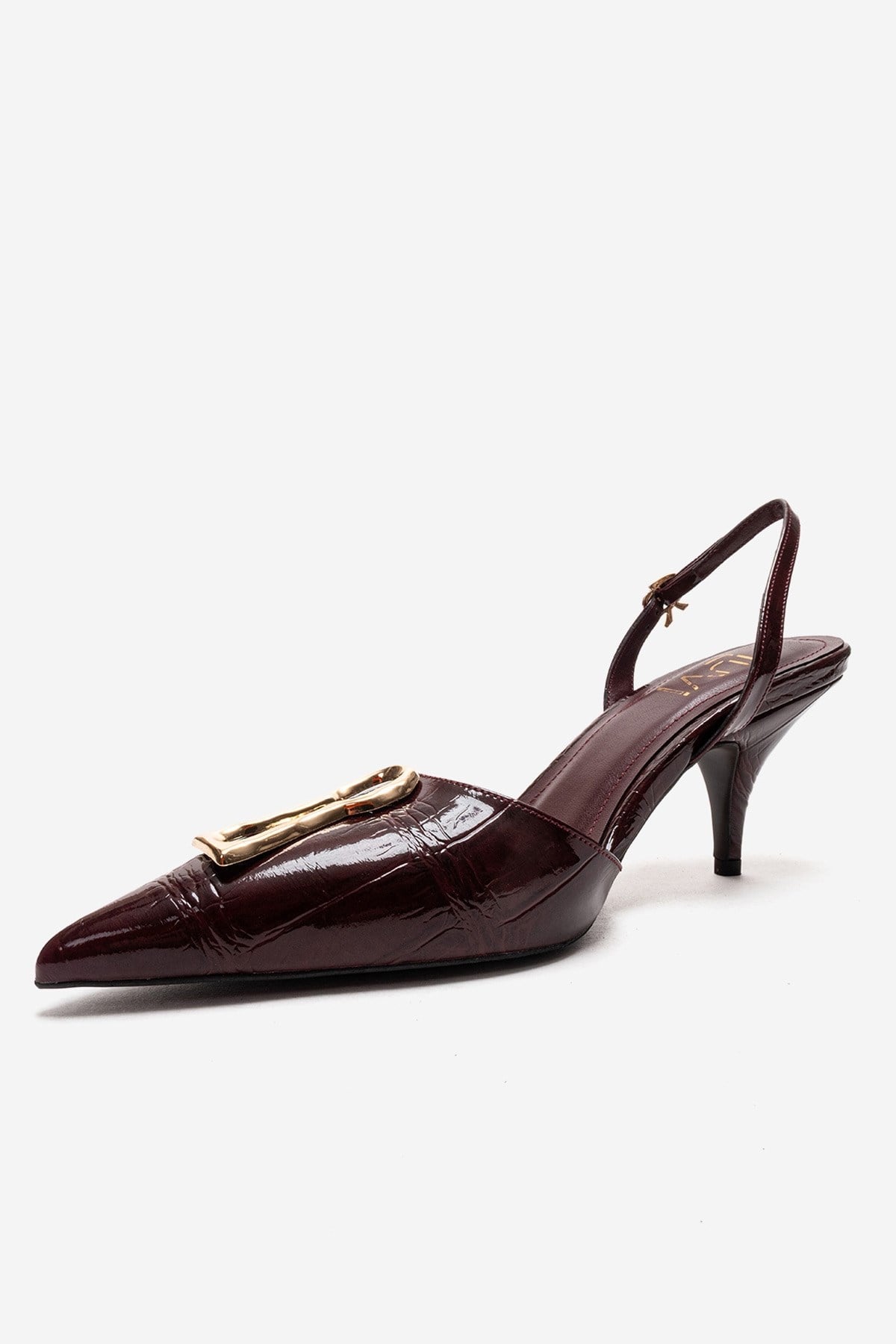 Yvella - Burgundy Patent Buckle Pointed Toe Stiletto Pump – top view showing leather, metallic, SimmiUnique