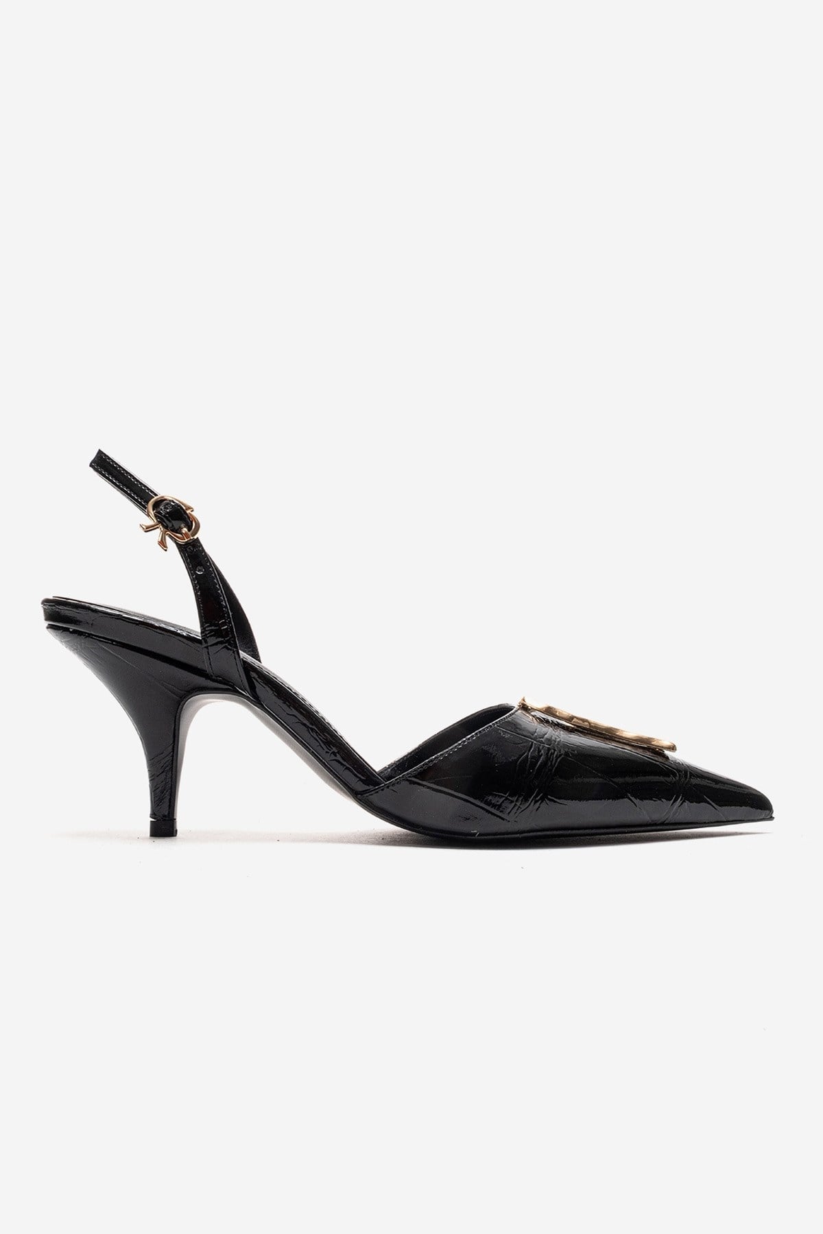 Yvella - Black Patent Buckle Pointed Toe Stiletto Pump – heel view showing leather, metallic, black, SimmiUnique