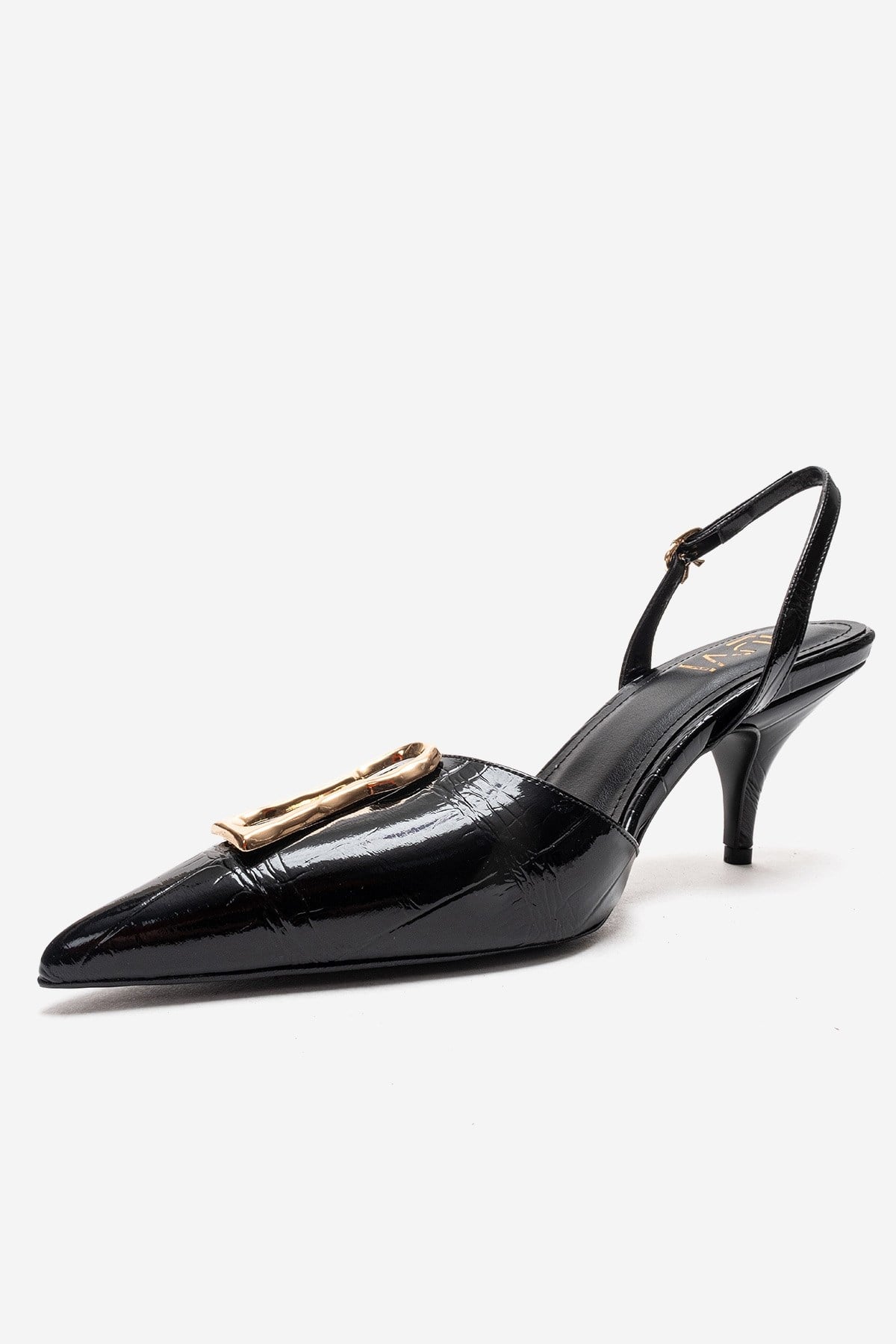 Yvella - Black Patent Buckle Pointed Toe Stiletto Pump – top view showing leather, metallic, black, SimmiUnique