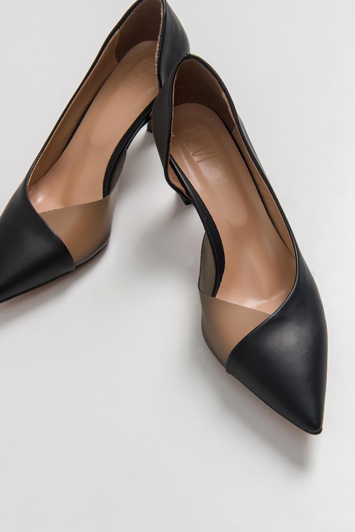 Vera Black Pointed Toe Pump – heel view showing leather, black, SimmiUnique