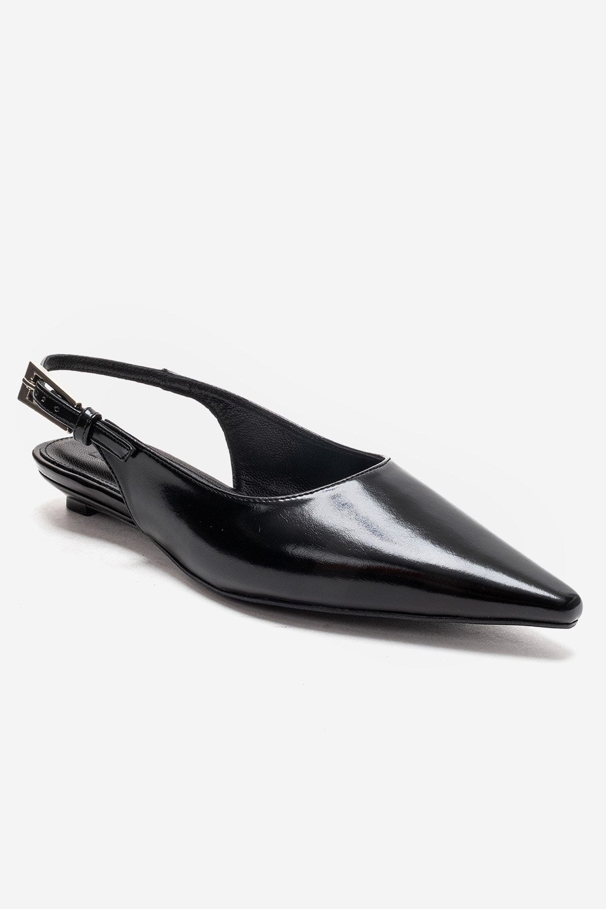 JENNA - Black Genuine Leather Pointed Toe Low Block Heel Shoe – detail view showing leather, black, SimmiUnique