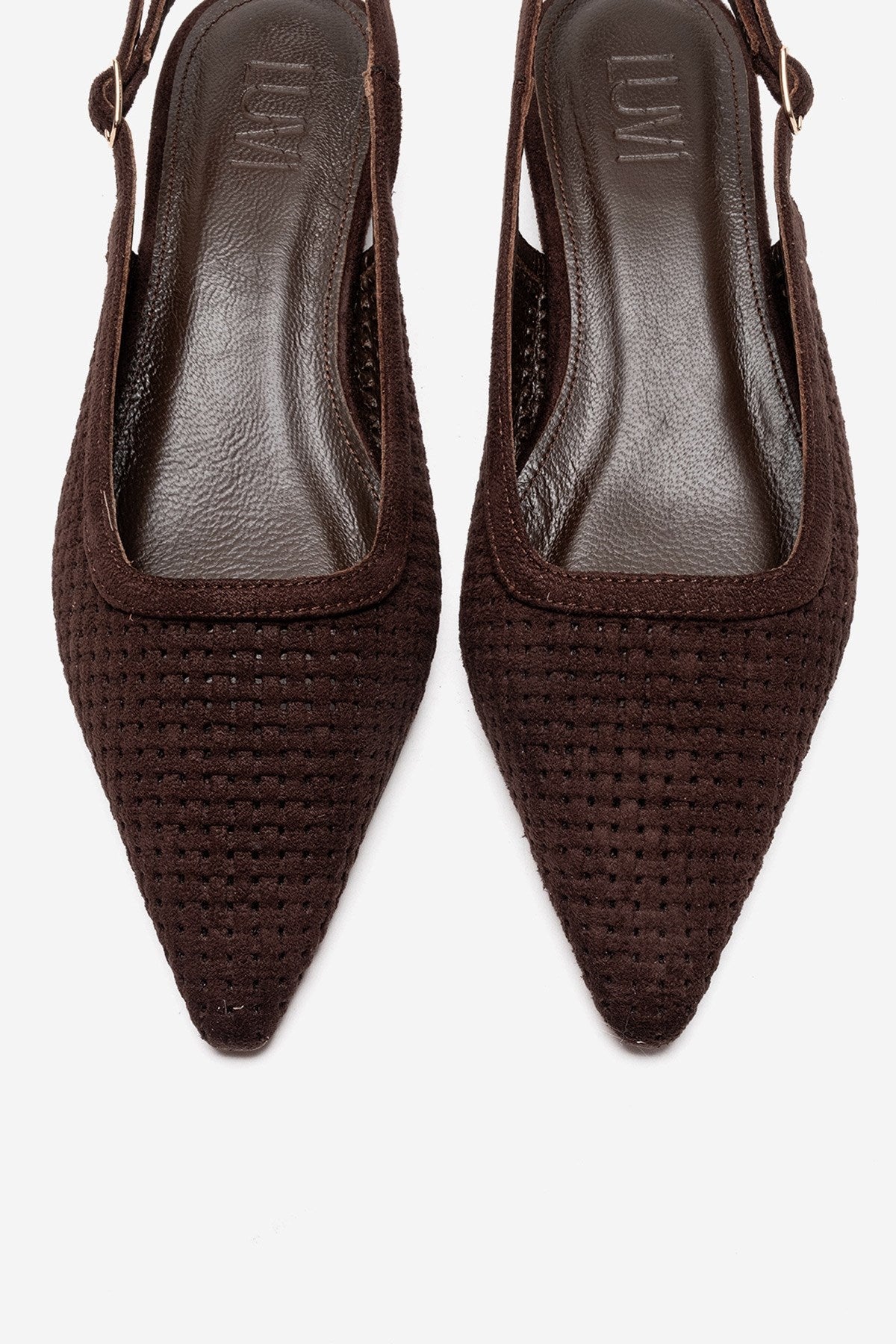 AVIVA - Brown Genuine Leather Pointed Toe Low Block Heel Pump – side view showing leather, suede, SimmiUnique