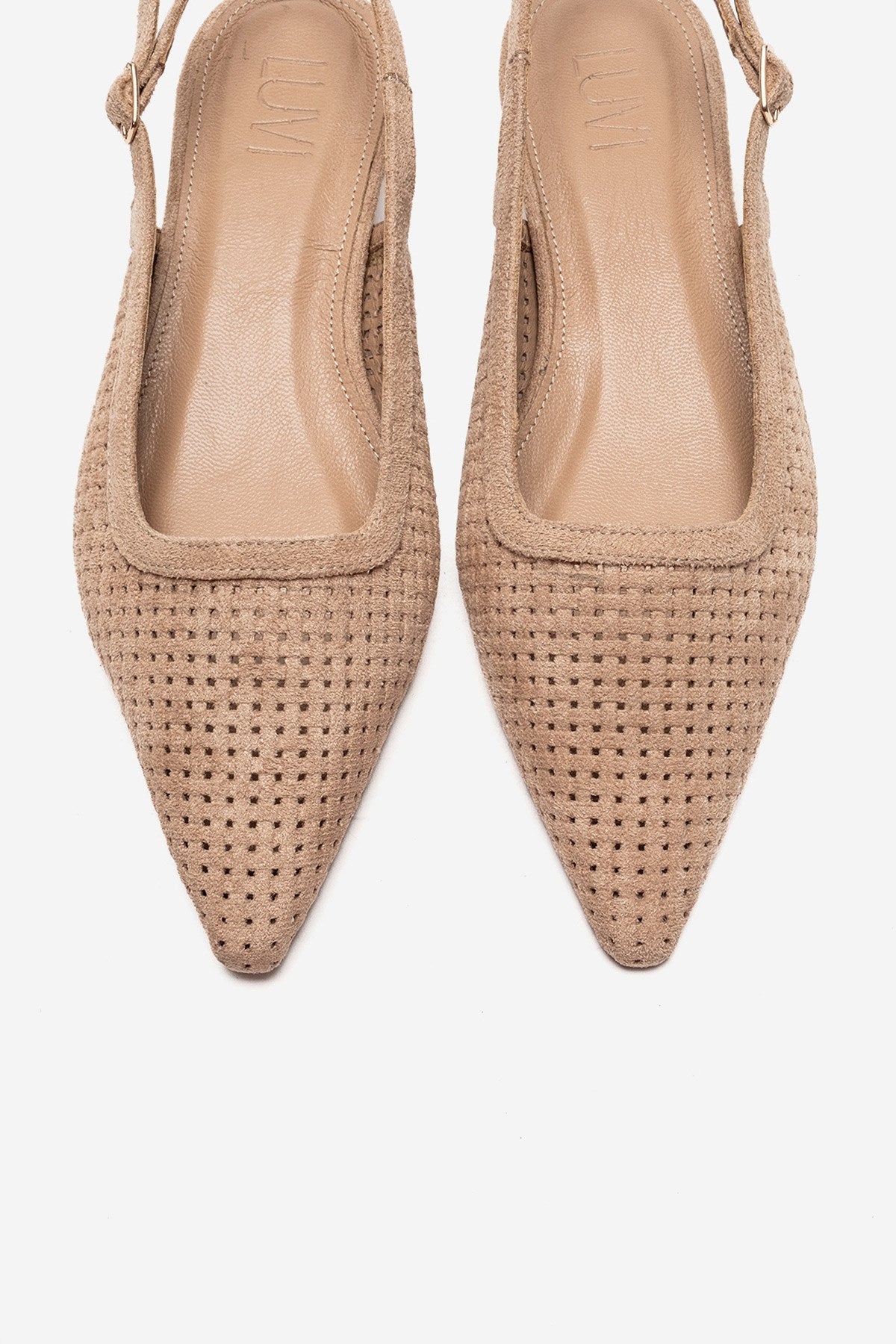 AVIVA - Beige Genuine Leather Pointed Toe Low Block Heel Pump – side view showing leather, suede, SimmiUnique