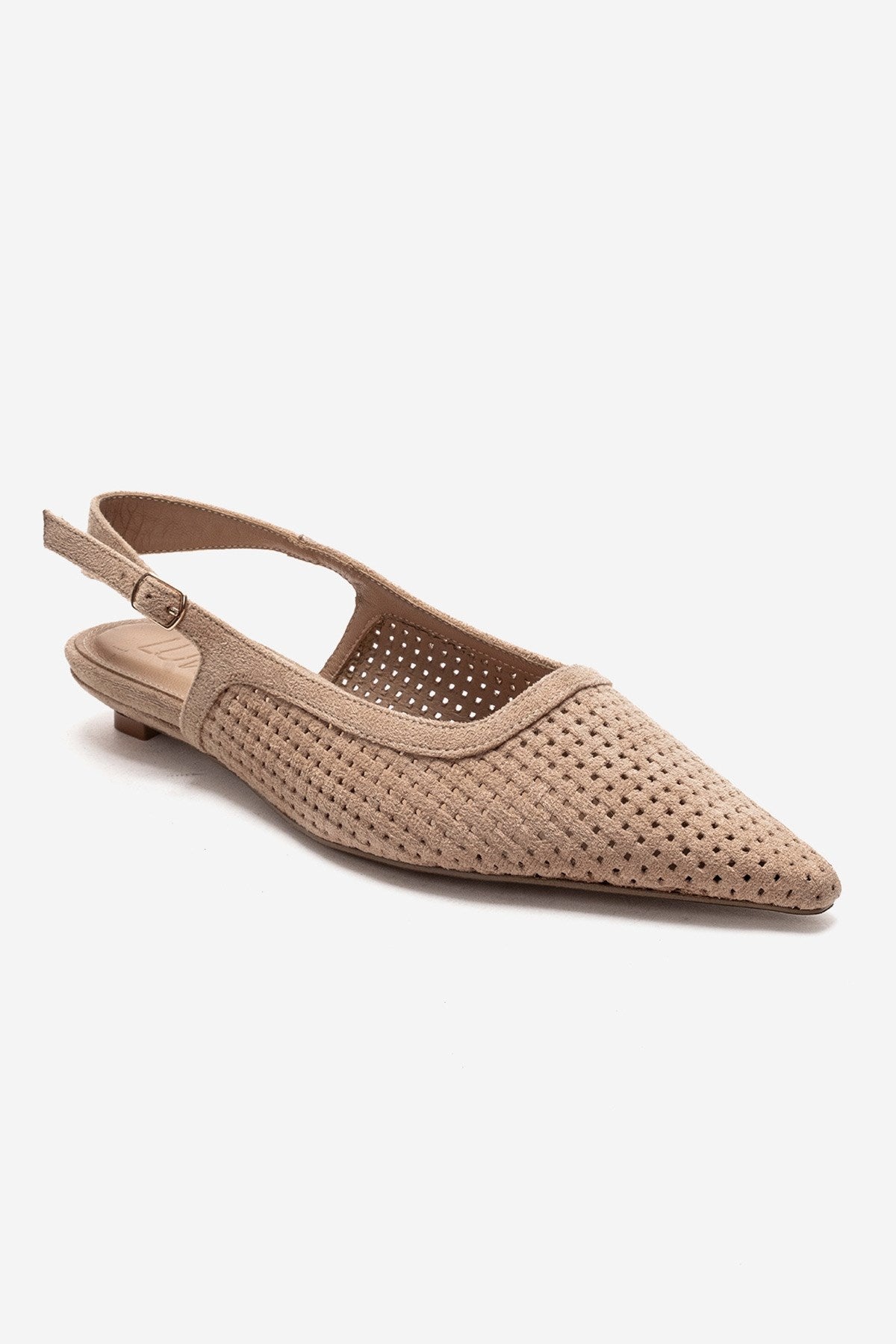 AVIVA - Beige Genuine Leather Pointed Toe Low Block Heel Pump – detail view showing leather, suede, SimmiUnique
