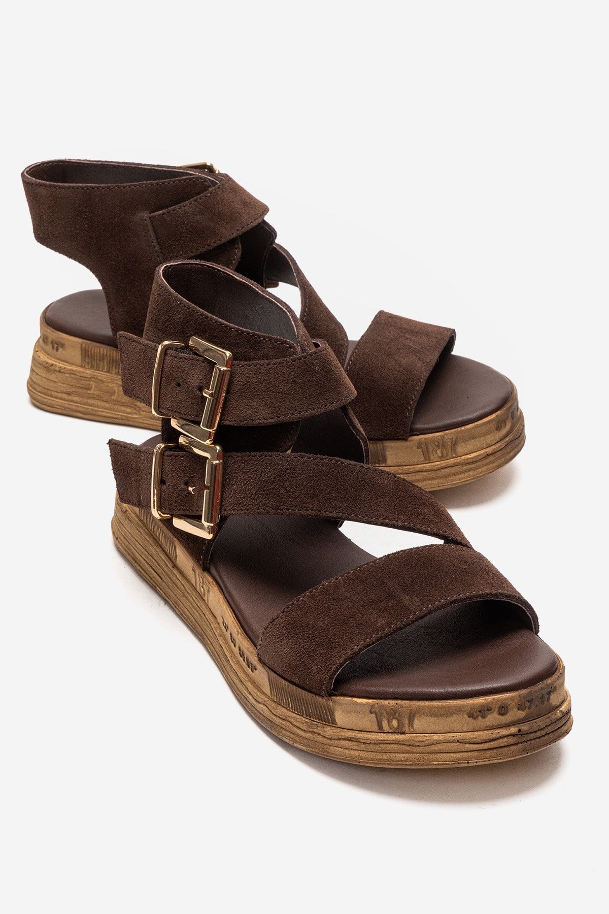 LORENTIS - Brown Genuine Leather Double Buckle Sandal – front three-quarter view showing leather, suede, SimmiUnique