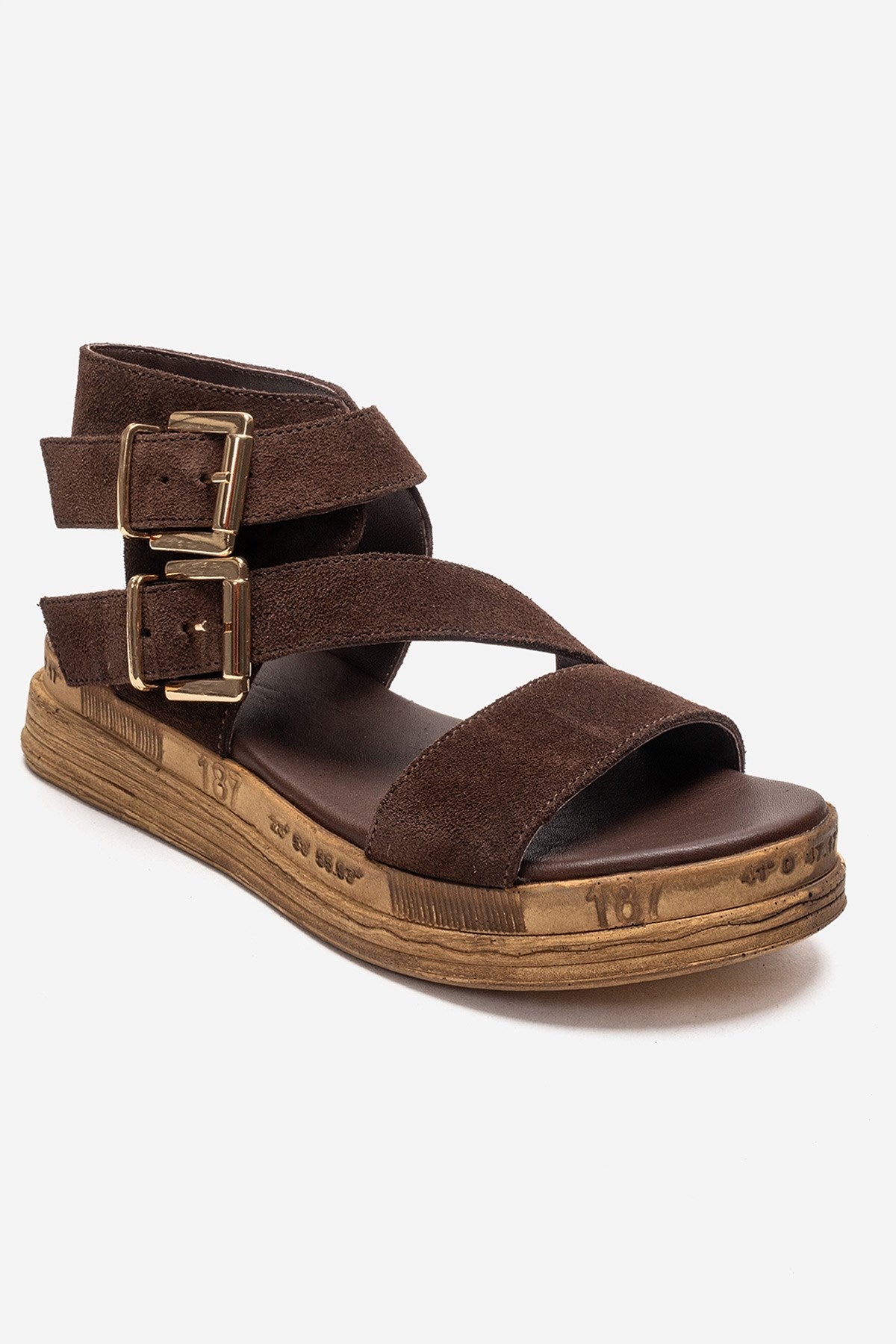 LORENTIS - Brown Genuine Leather Double Buckle Sandal – detail view showing leather, suede, SimmiUnique
