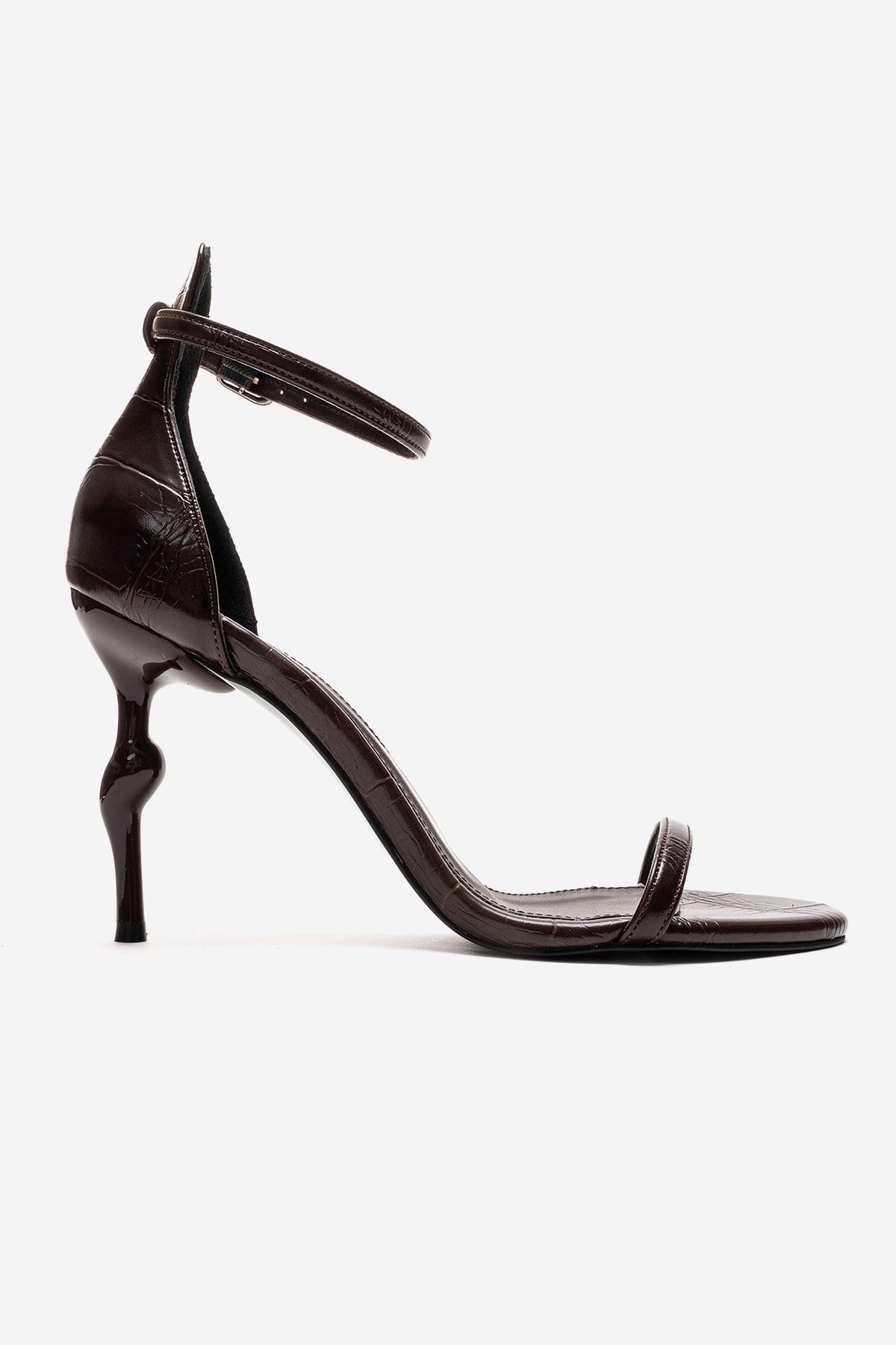Yelena - Brown Printed Thin-Strap Stiletto Pump – heel view showing leather, SimmiUnique