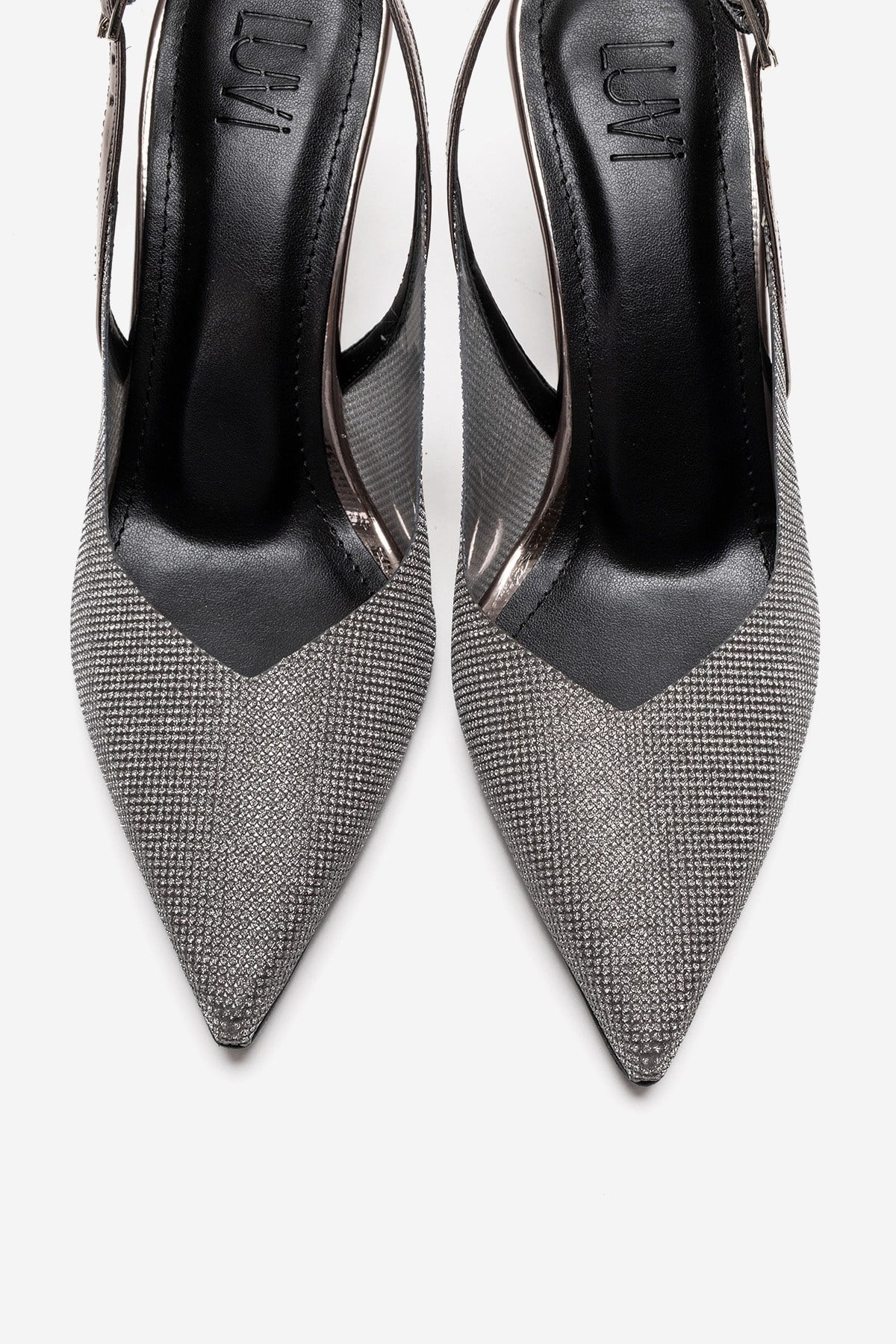 Dorata - Platinum Embellished Stiletto Pump – side view showing leather, glitter, metallic, SimmiUnique