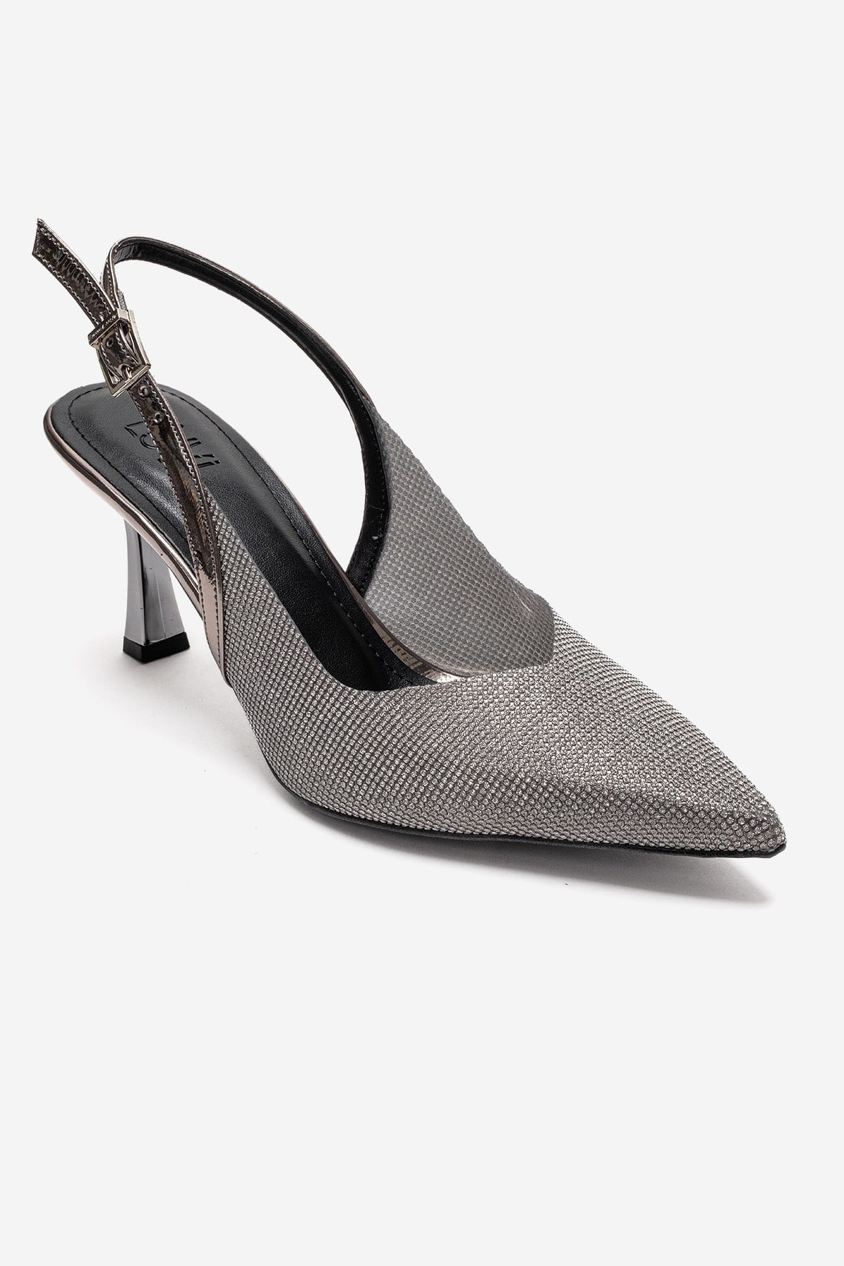 Dorata - Platinum Embellished Stiletto Pump – detail view showing leather, glitter, metallic, SimmiUnique