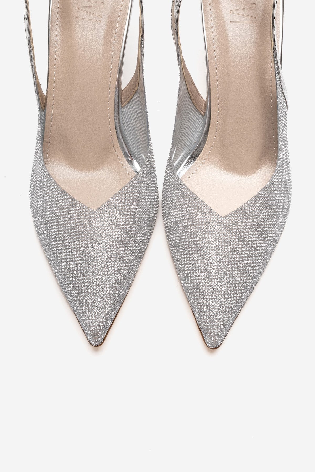 Dorata - Silver Embellished Stiletto Pump – side view showing leather, glitter, silver, SimmiUnique