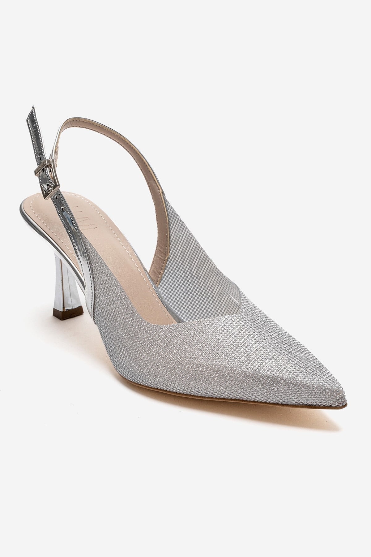 Dorata - Silver Embellished Stiletto Pump – detail view showing leather, glitter, silver, SimmiUnique