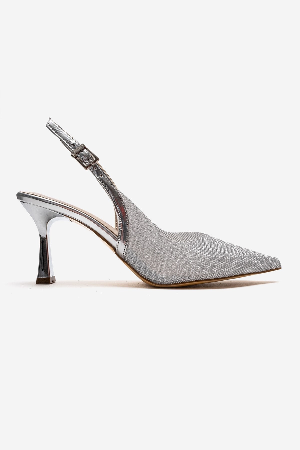 Dorata - Silver Embellished Stiletto Pump – heel view showing leather, glitter, silver, SimmiUnique