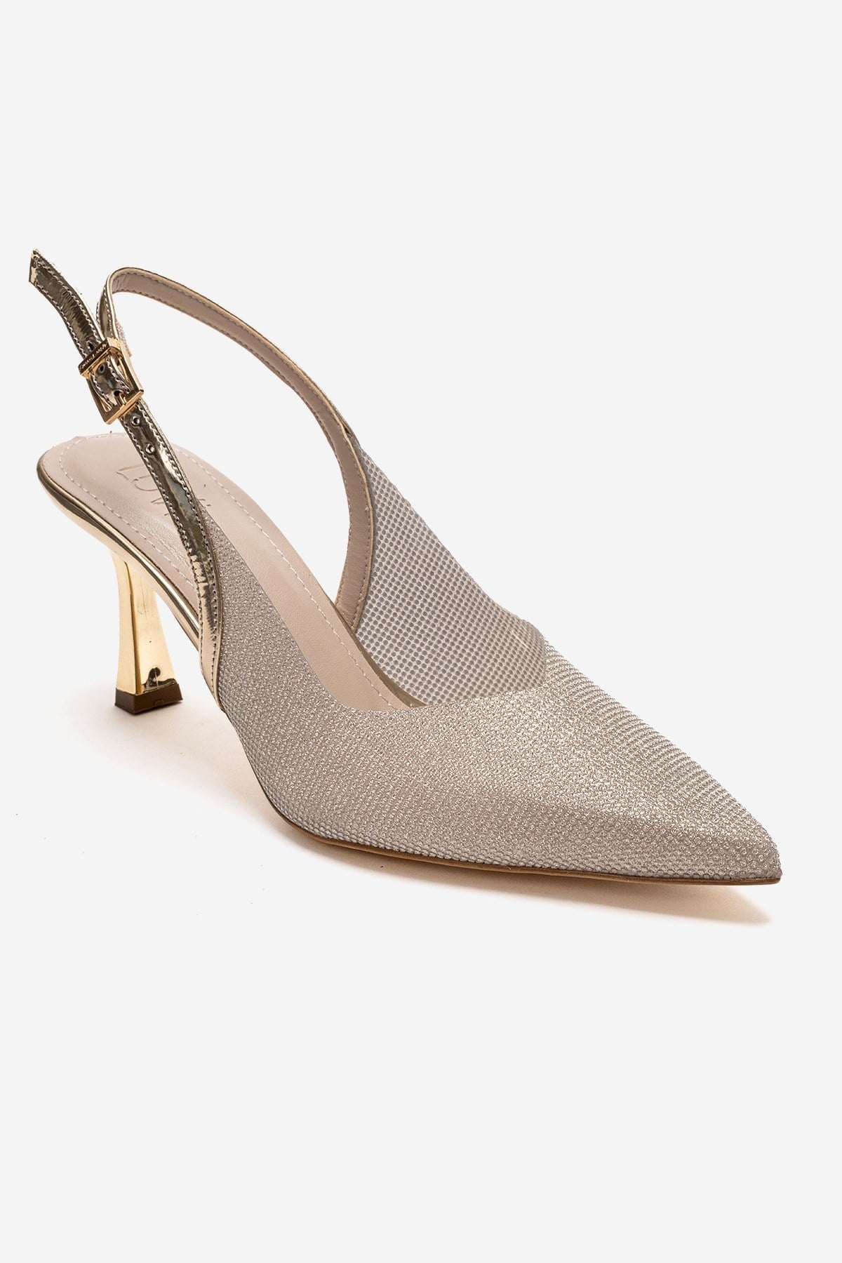Dorata - Gold Embellished Stiletto Pump – detail view showing leather, glitter, gold, SimmiUnique