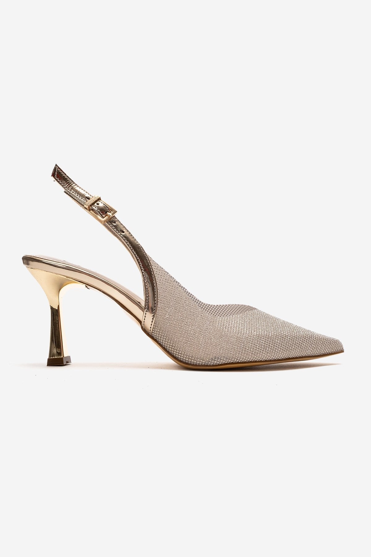 Dorata - Gold Embellished Stiletto Pump – heel view showing leather, glitter, gold, SimmiUnique