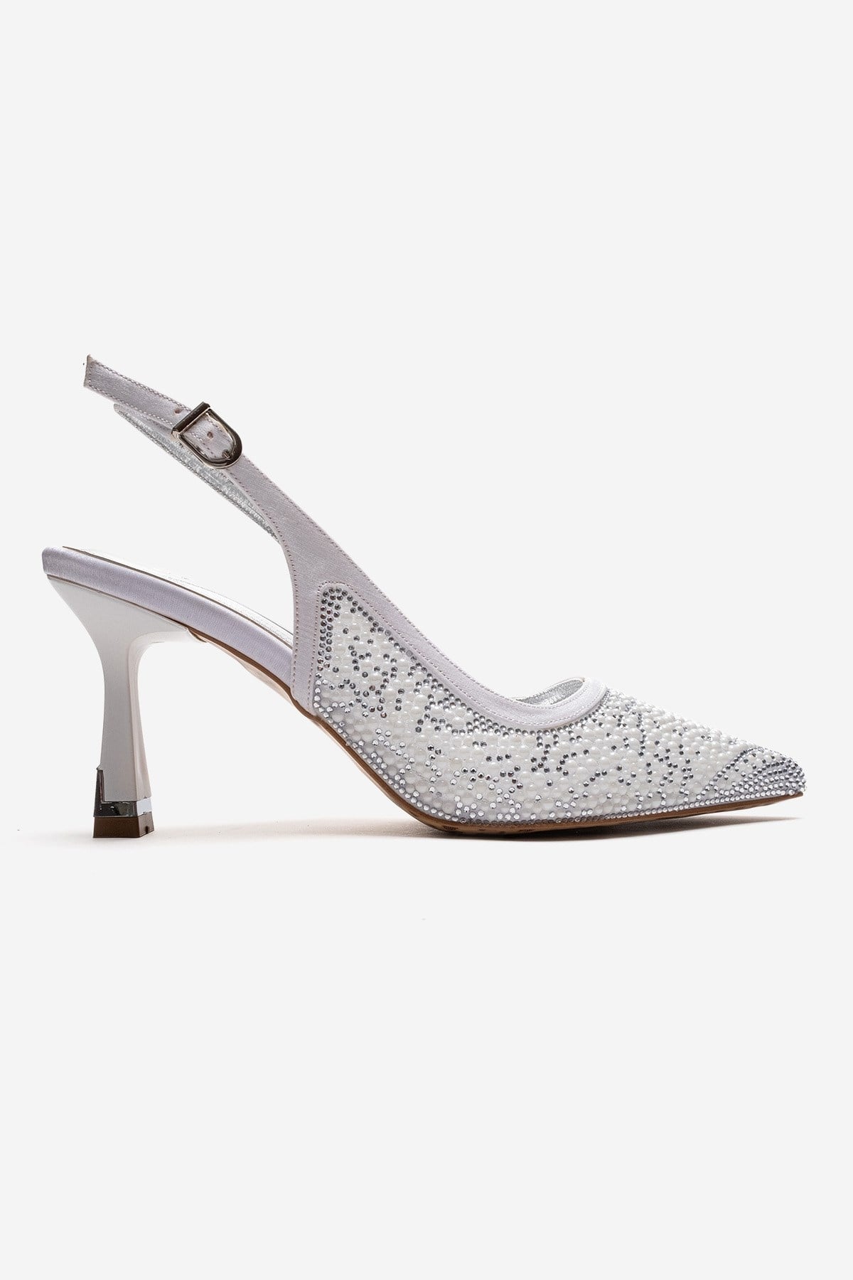 Frea - White Textile Stiletto Pump – detail view showing pearl, crystal, leather, SimmiUnique