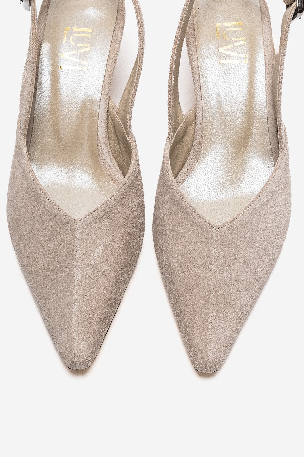 DIORIS - Beige Genuine Leather Slingback Kitten Heel Pointed Toe Pump – side view showing leather, suede, SimmiUnique