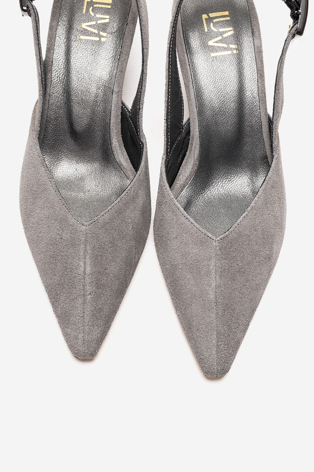 DIORIS - Gray Genuine Leather Slingback Kitten Heel Pointed Toe Pump – side view showing leather, suede, SimmiUnique