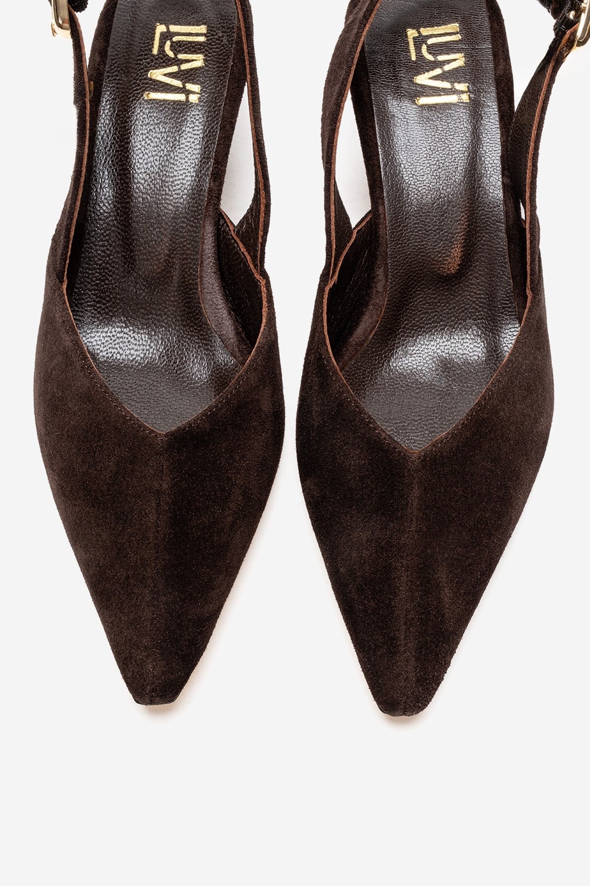 DIORIS - Brown Genuine Leather Slingback Kitten Heel Pointed Toe Pump – side view showing leather, suede, SimmiUnique