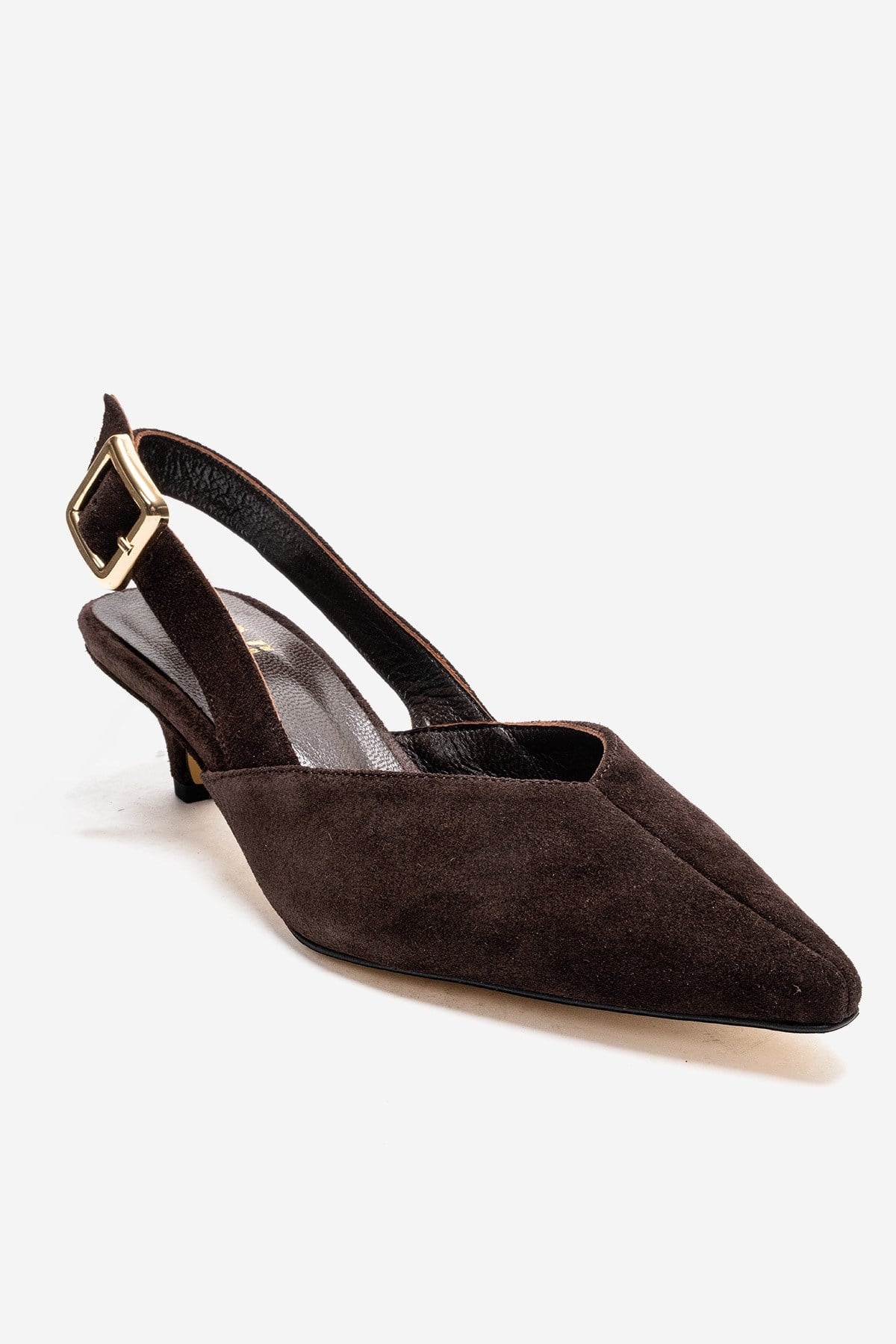 DIORIS - Brown Genuine Leather Slingback Kitten Heel Pointed Toe Pump – detail view showing leather, suede, SimmiUnique