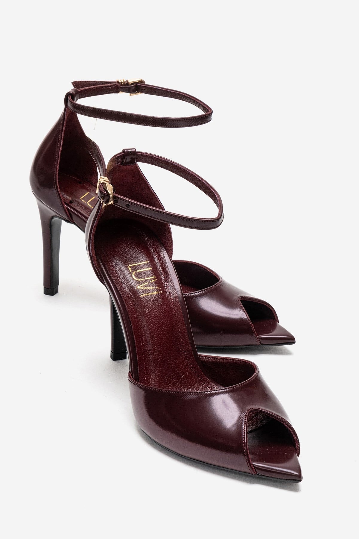 DONA - Burgundy Stiletto Pump – front three-quarter view showing leather, SimmiUnique
