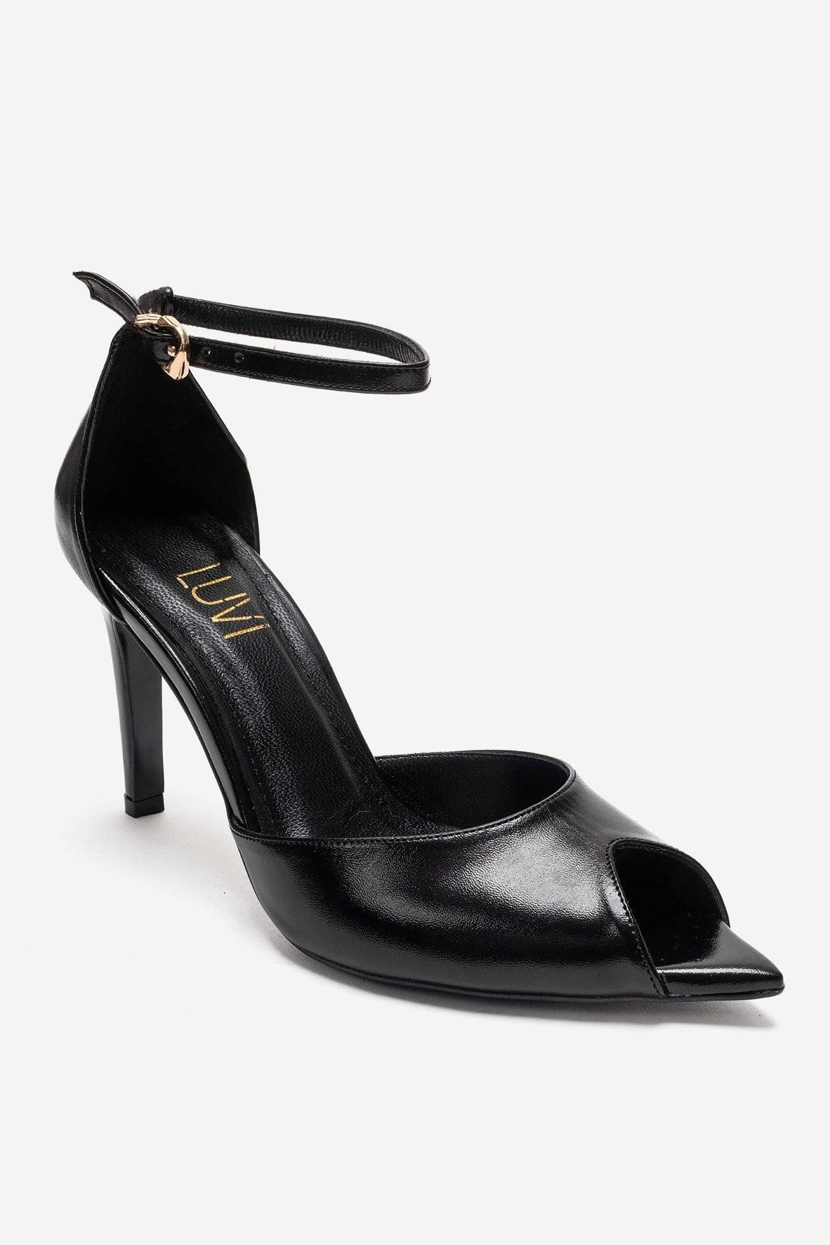 DONA - Black Stiletto Pump – detail view showing leather, black, SimmiUnique