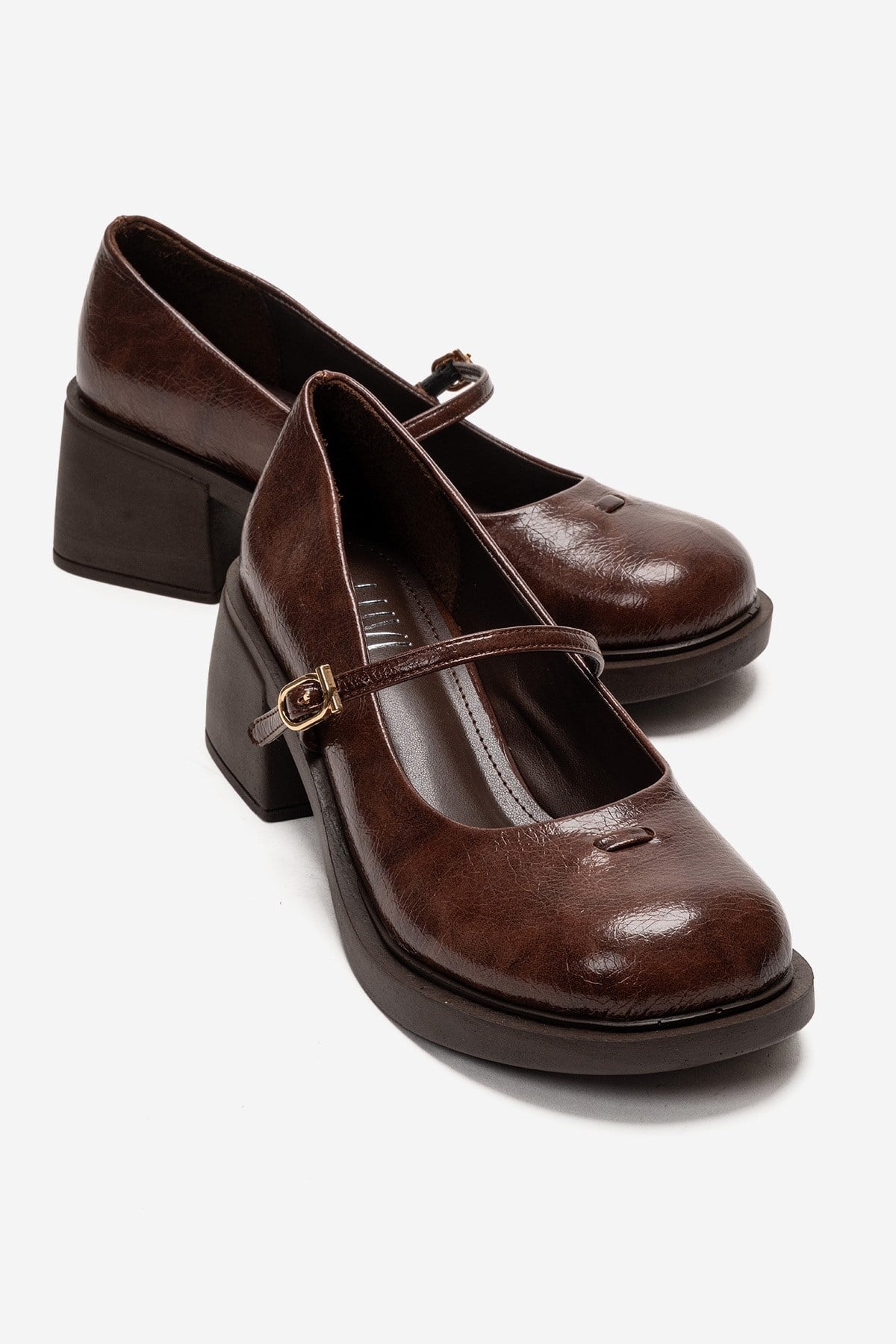 LUANDA - Cognac Genuine Leather Block Heel Mary Jane – front three-quarter view showing leather, SimmiUnique
