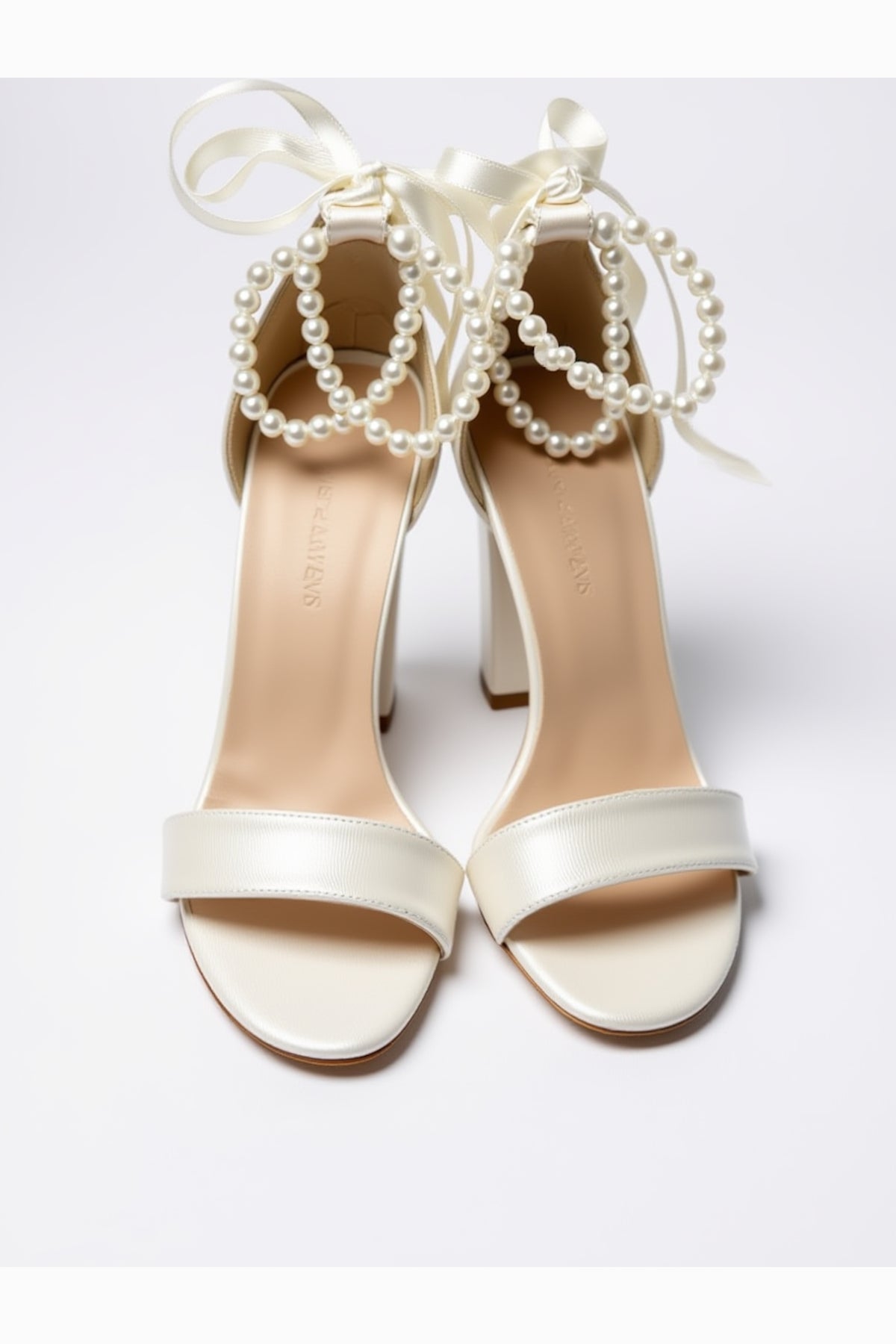 Caelis Pearl Block Heels Bridal Shoes – heel view showing pearl, SimmiUnique