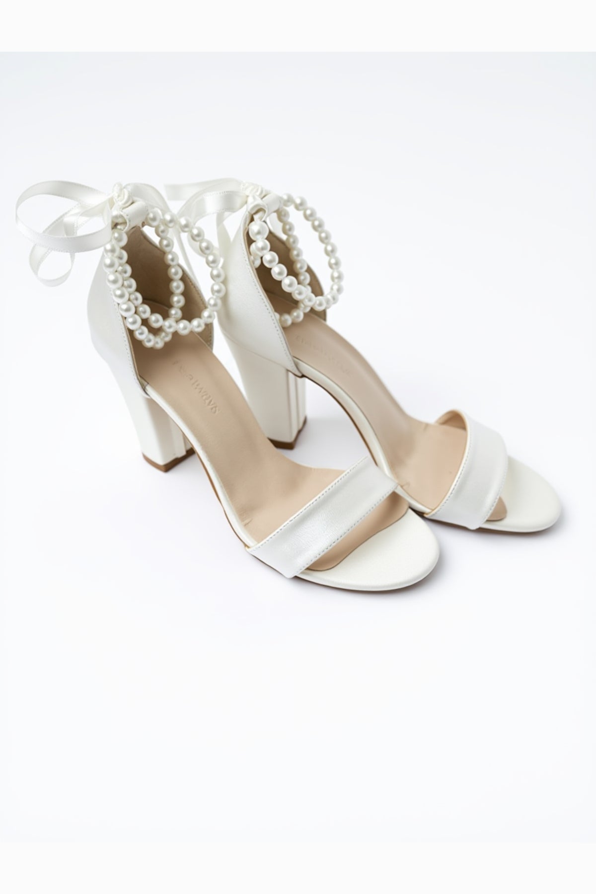 Caelis Pearl Block Heels Bridal Shoes – back view showing pearl, SimmiUnique