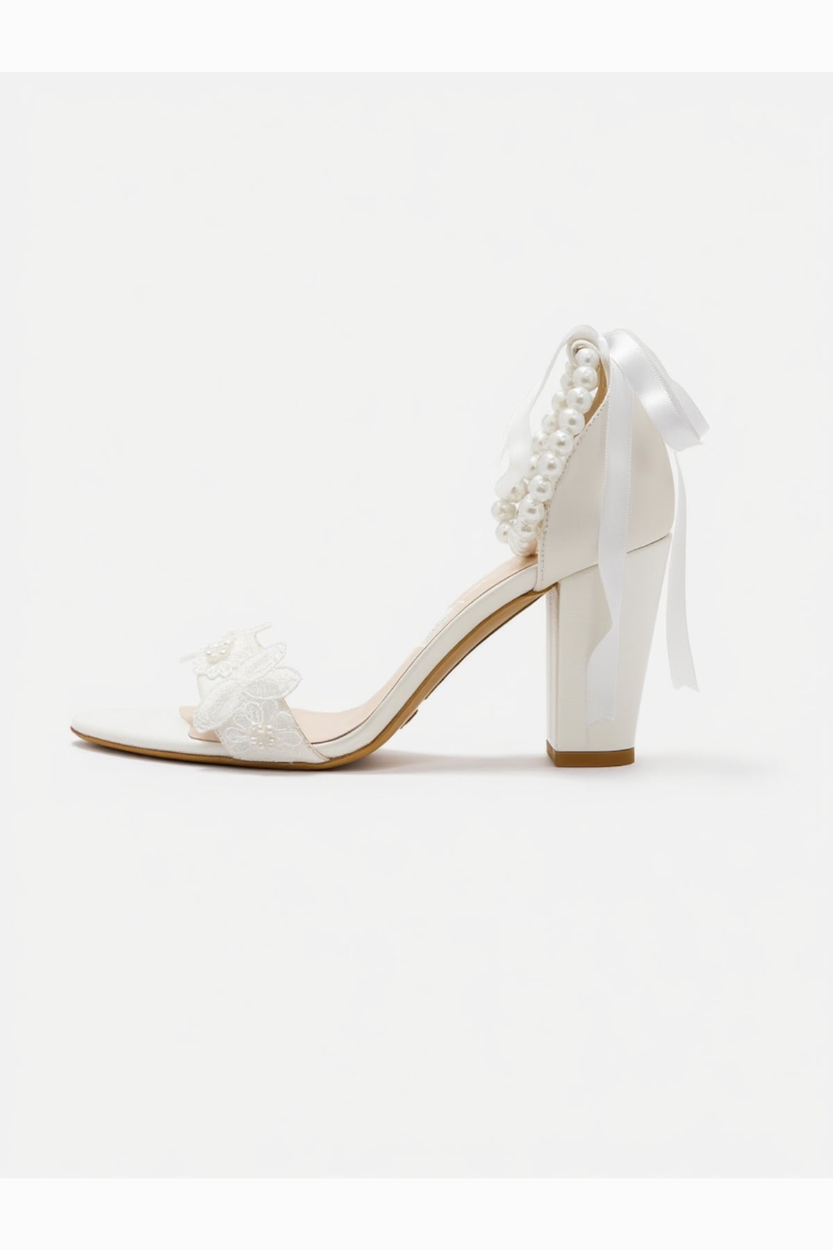 Elvian Floral Block Heels Bridal Shoes – side view showing pearl, SimmiUnique