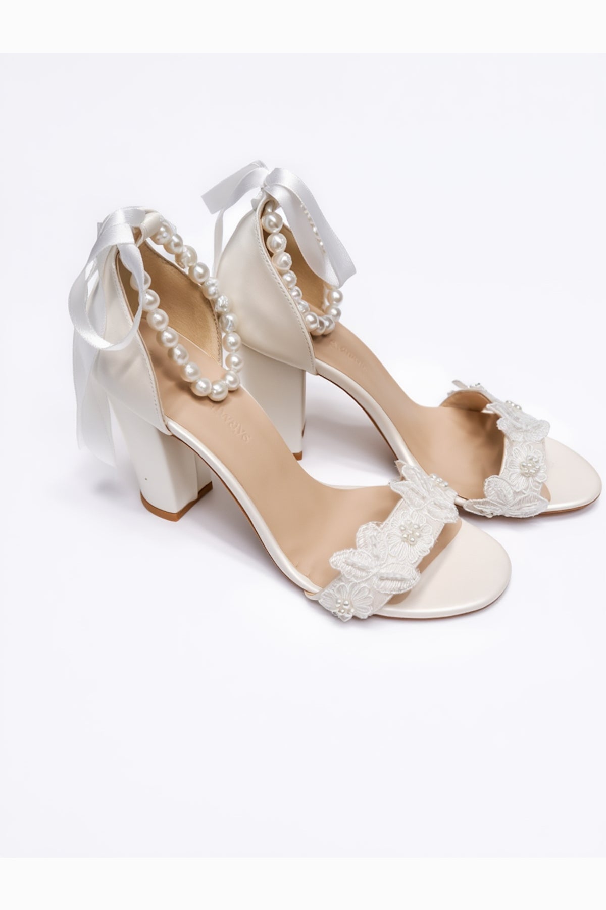 Elvian Floral Block Heels Bridal Shoes – back view showing pearl, SimmiUnique