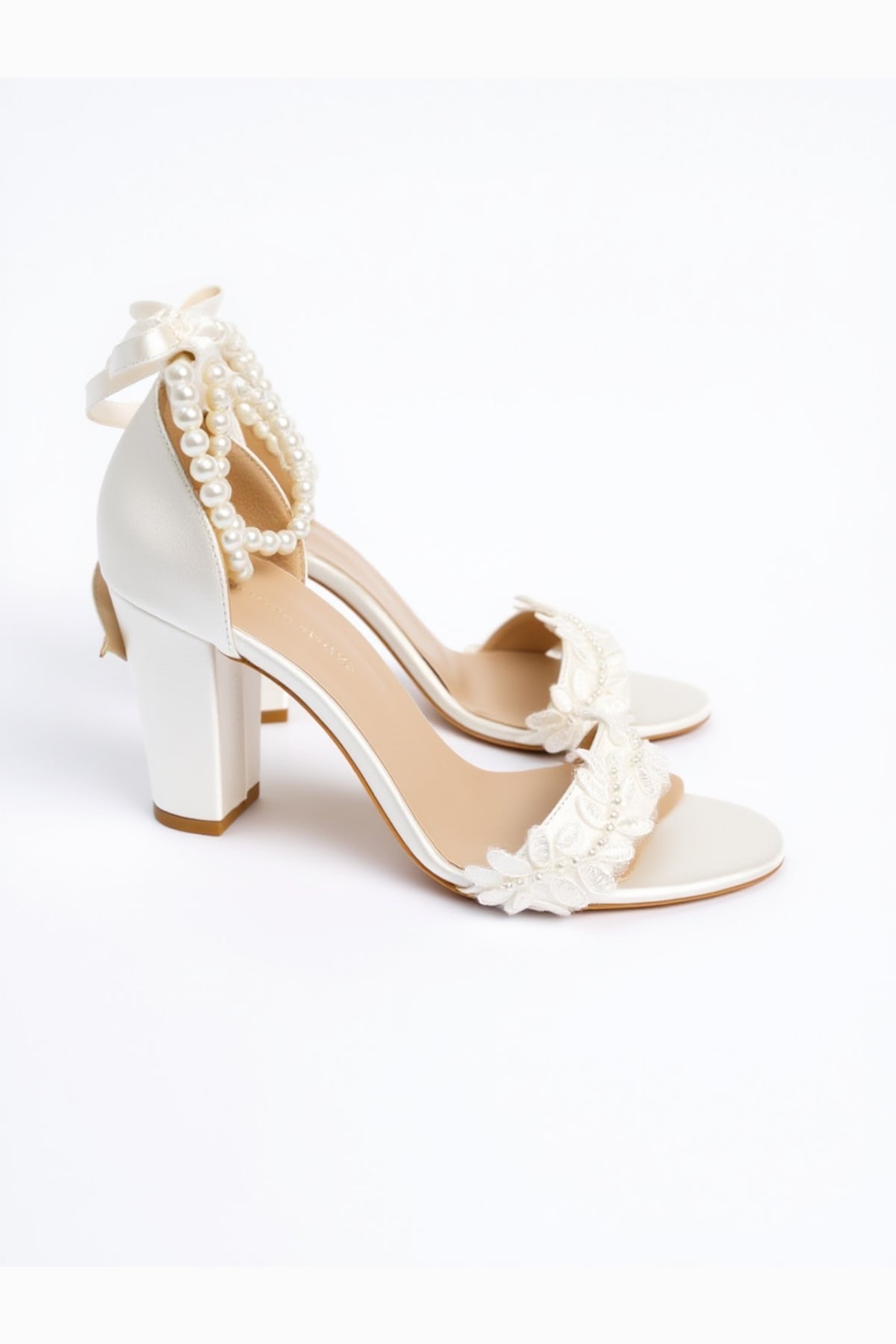Elysia Pearl And Lace Wedding Heels – heel view showing pearl, lace, red, SimmiUnique