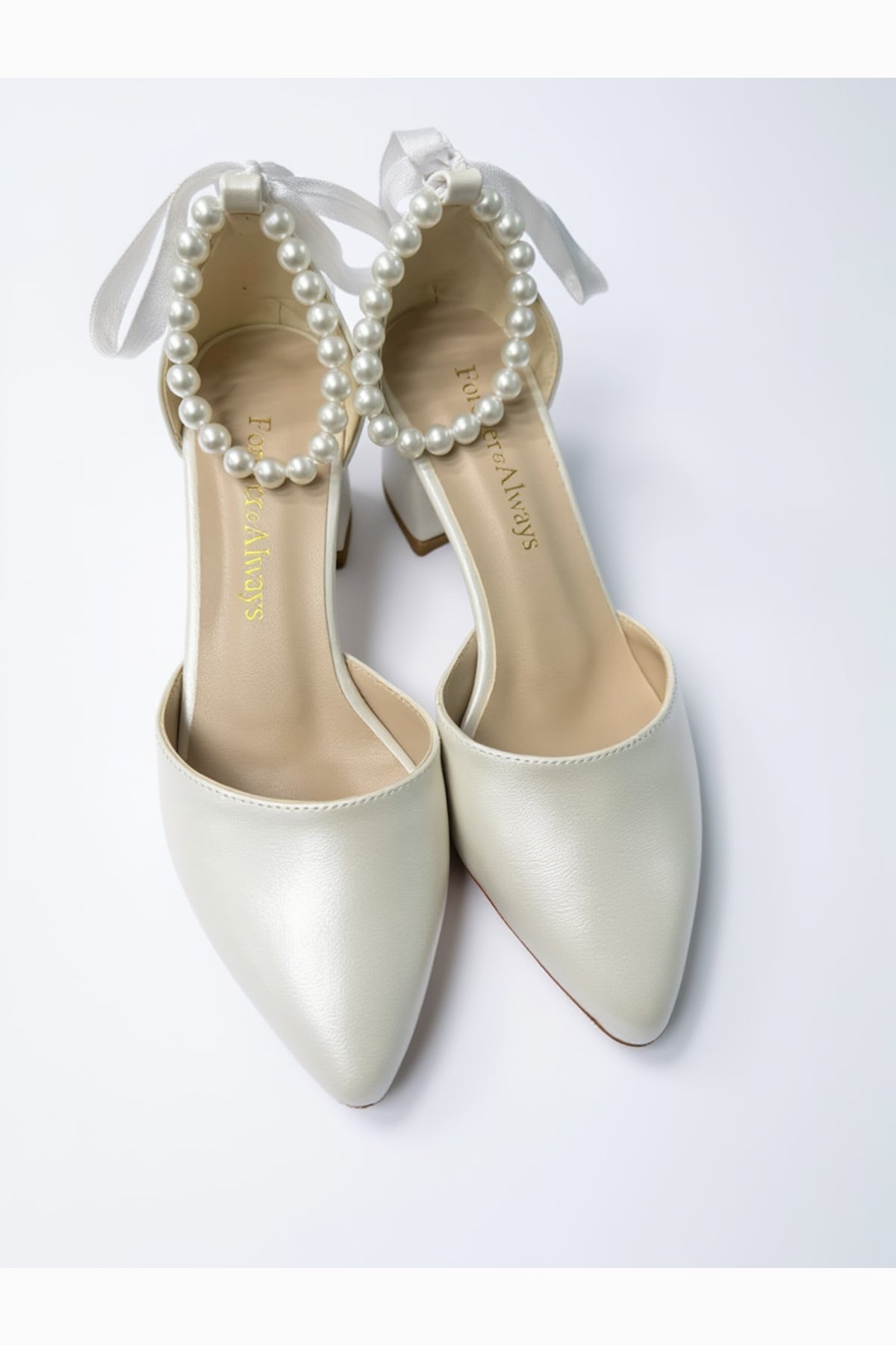 Evania Pointed-toe Block Heel Wedding Pump – top view showing pearl, red, SimmiUnique