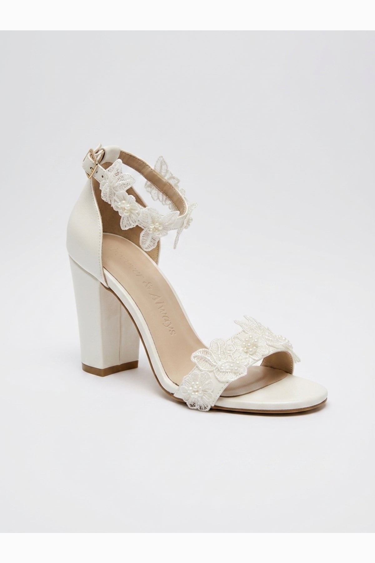 Florielle Lace Wedding Heels – front three-quarter view showing pearl, lace, SimmiUnique