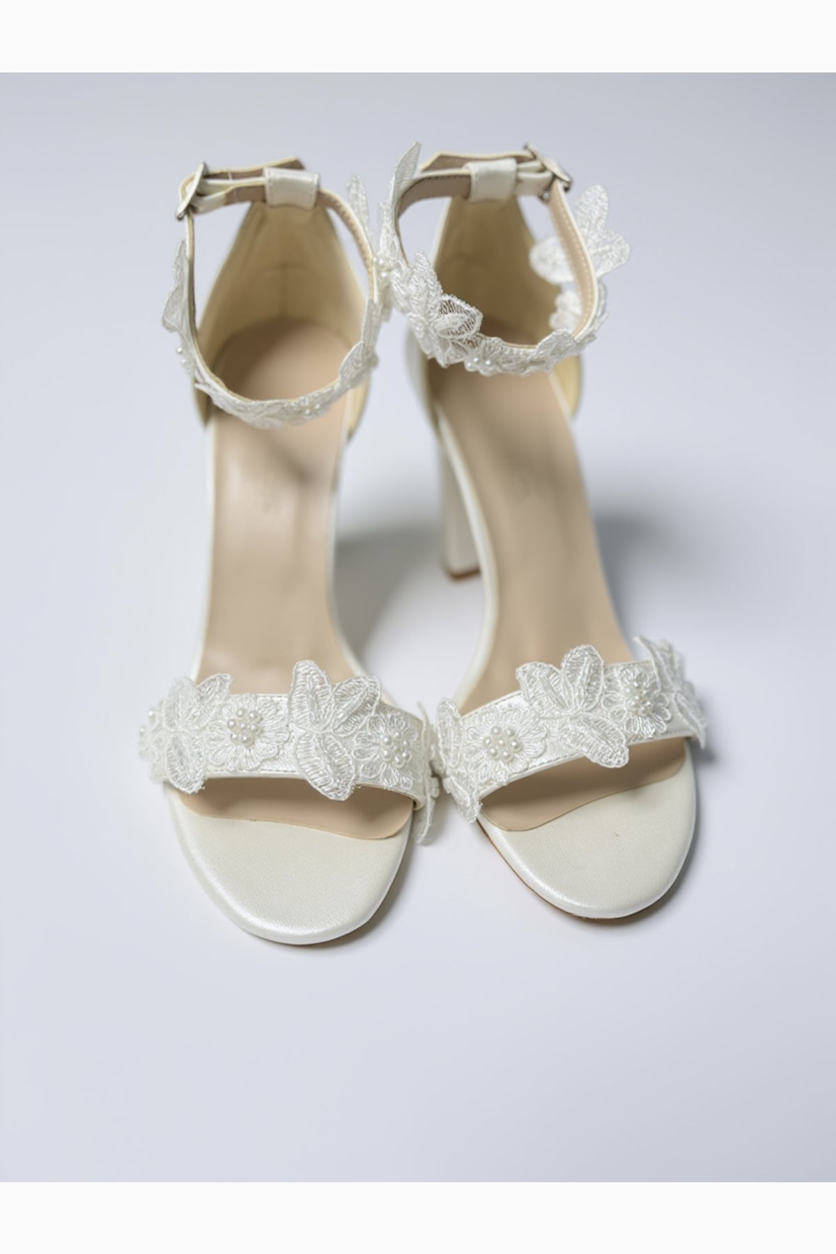 Florielle Lace Wedding Heels – heel view showing pearl, lace, SimmiUnique