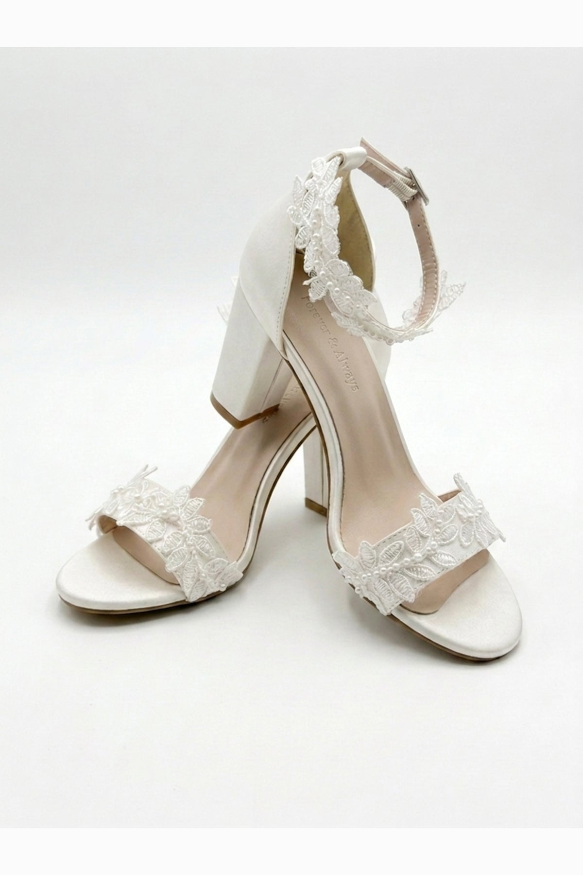 Lirielle Lace Wedding Heels – heel view showing lace, red, SimmiUnique