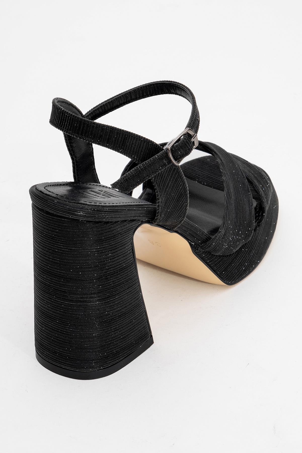 Lello - Black Striped Platform Heel Shoe – back view showing leather, black, SimmiUnique