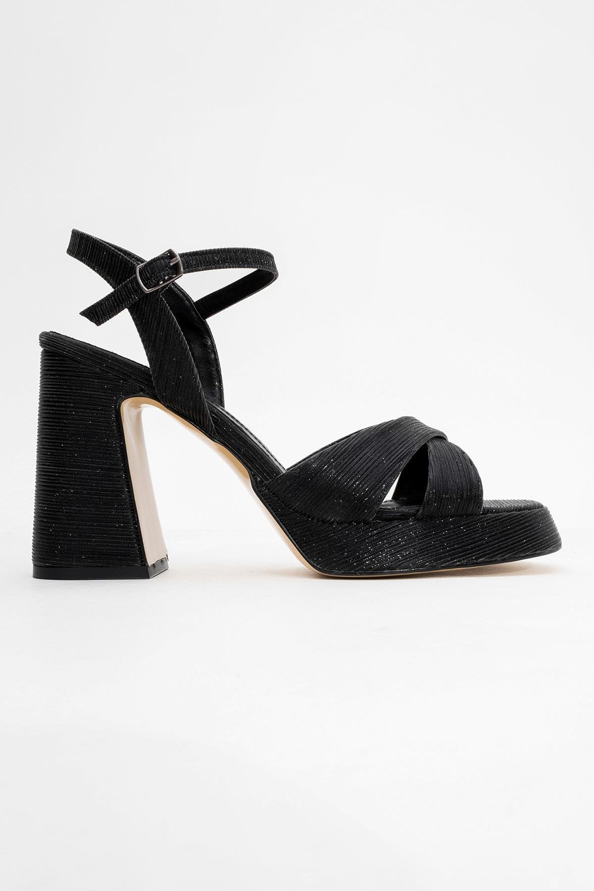 Lello - Black Striped Platform Heel Shoe – top view showing leather, black, SimmiUnique