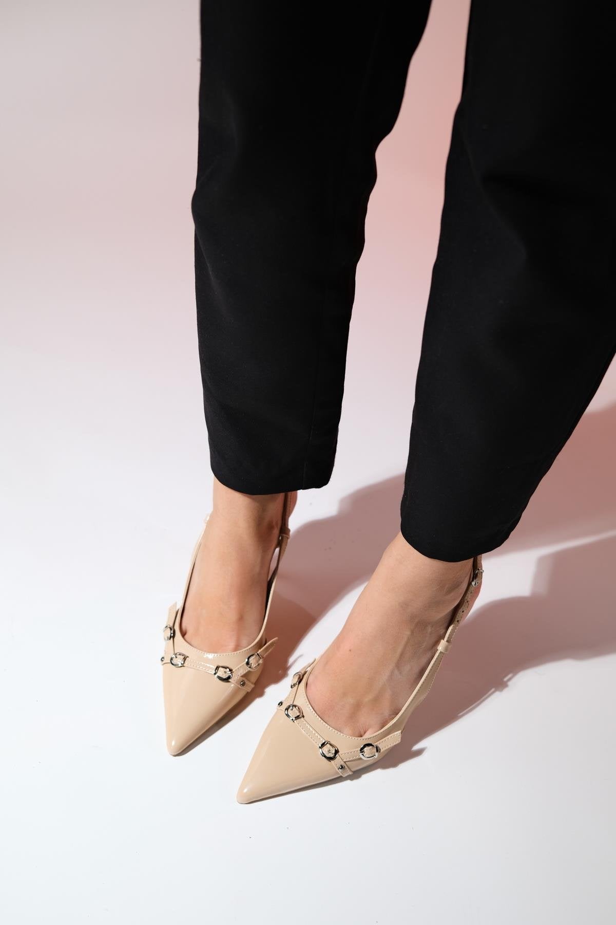 Faroe - Beige Patent Pointed Toe High Heel Pump – side view showing leather, SimmiUnique