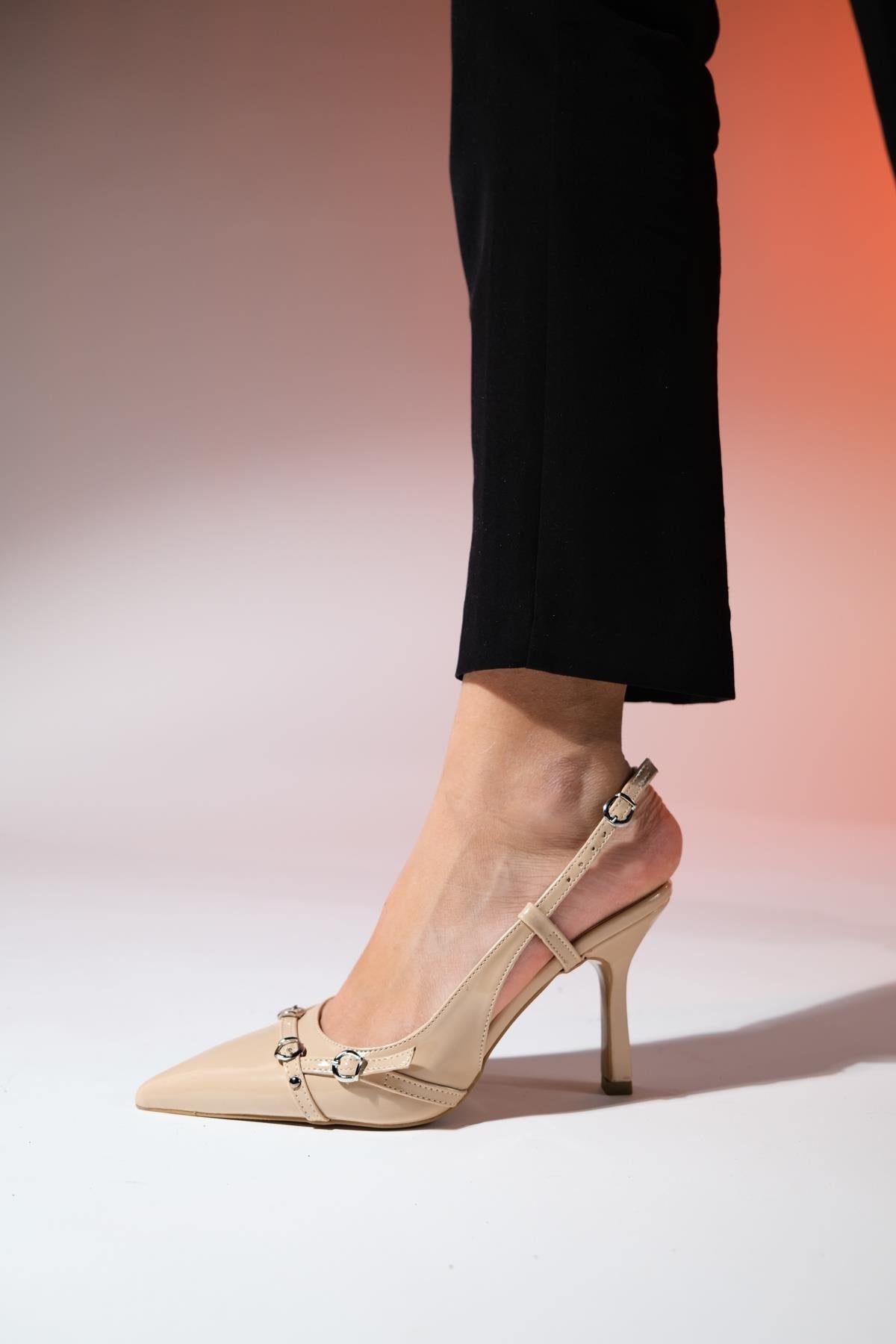 Faroe - Beige Patent Pointed Toe High Heel Pump – detail view showing leather, SimmiUnique