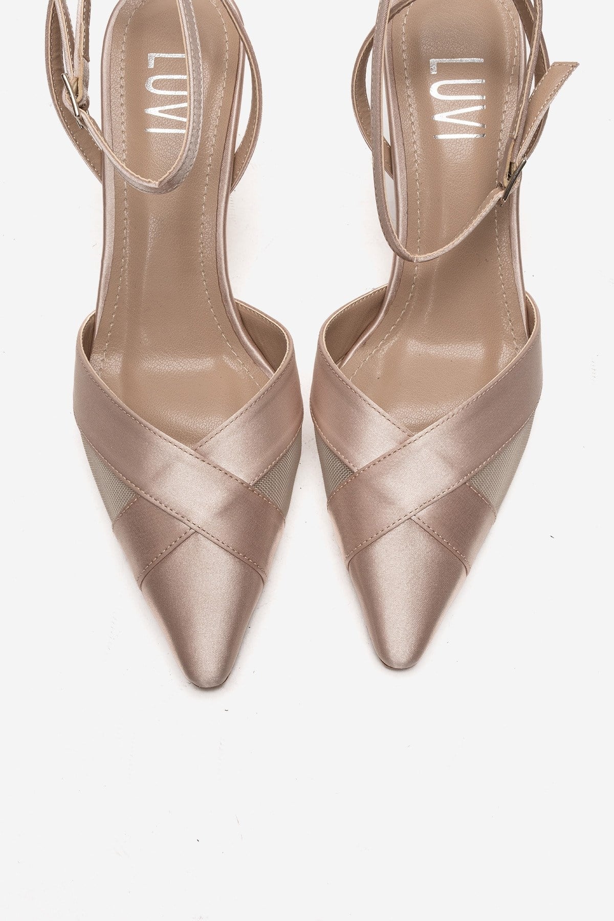 ESTELA - Beige Satin Stiletto Pump – side view showing satin, leather, mesh, SimmiUnique