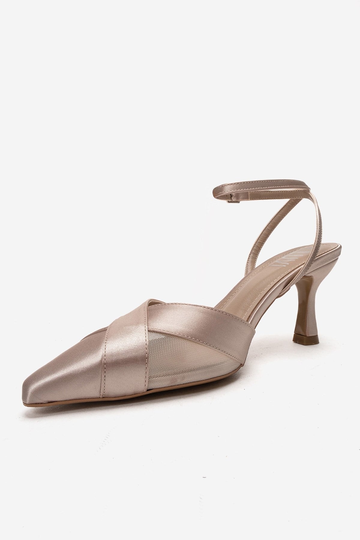 ESTELA - Beige Satin Stiletto Pump – top view showing satin, leather, mesh, SimmiUnique