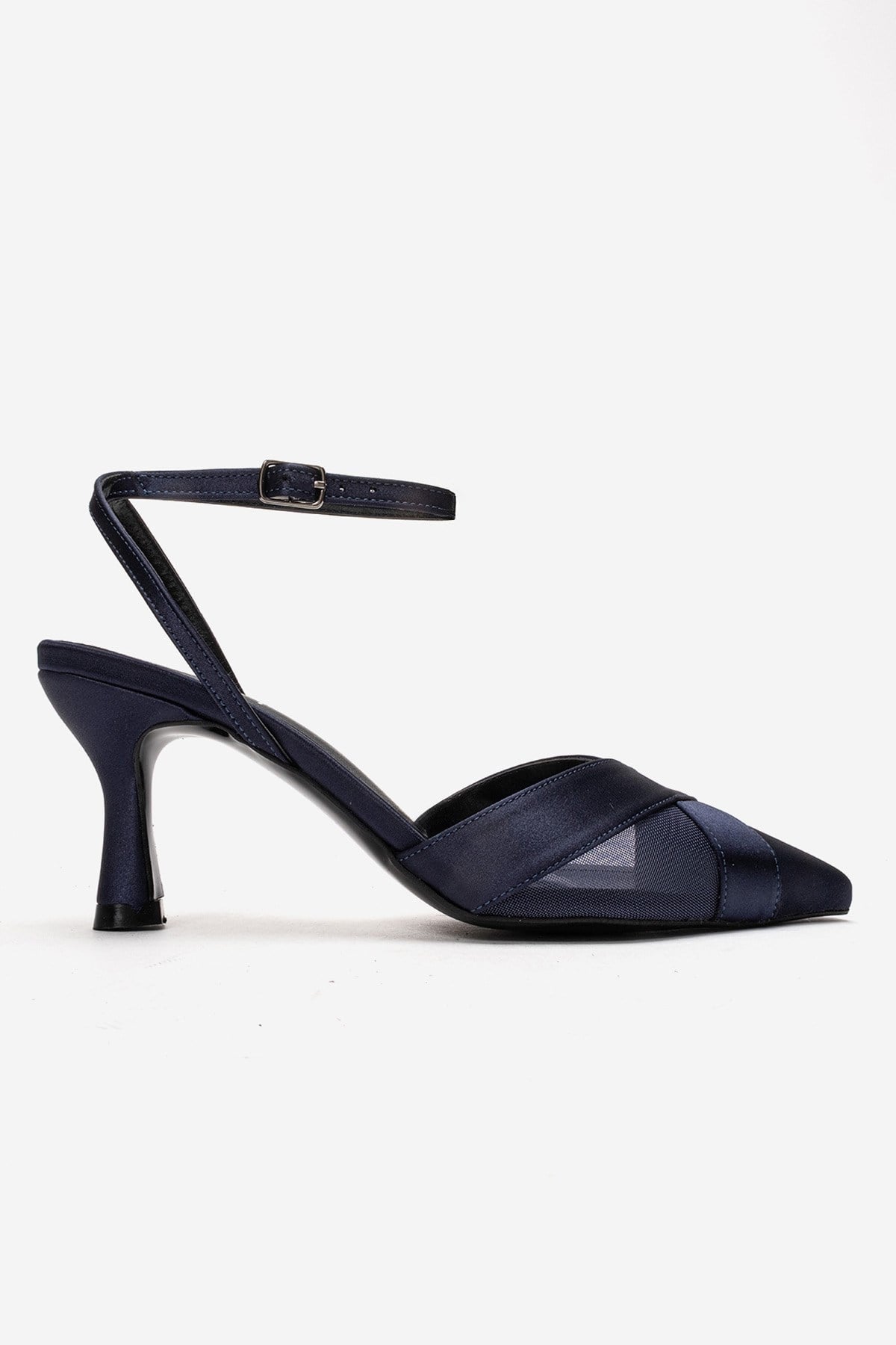 ESTELA - Navy Satin Stiletto Pump – heel view showing satin, leather, mesh, SimmiUnique