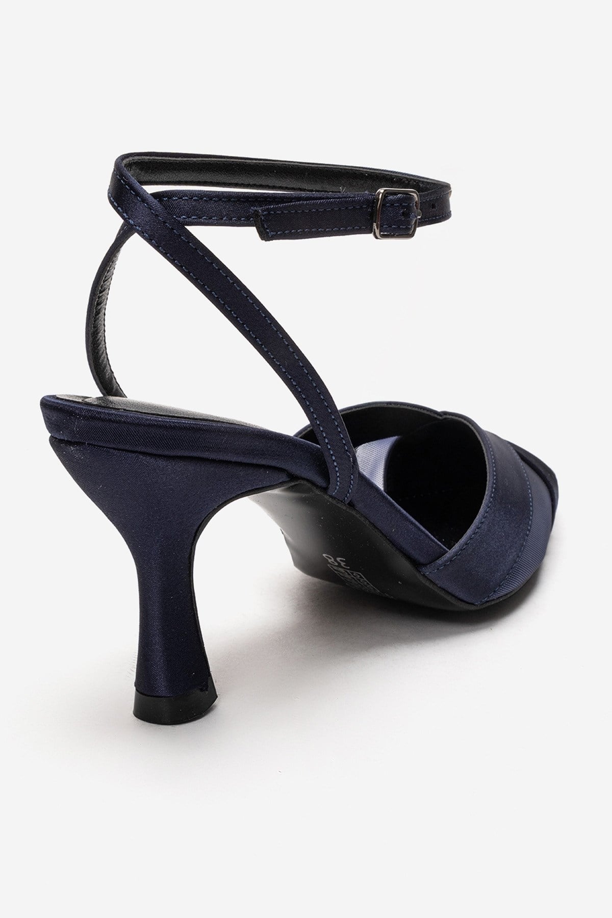 ESTELA - Navy Satin Stiletto Pump – back view showing satin, leather, mesh, SimmiUnique