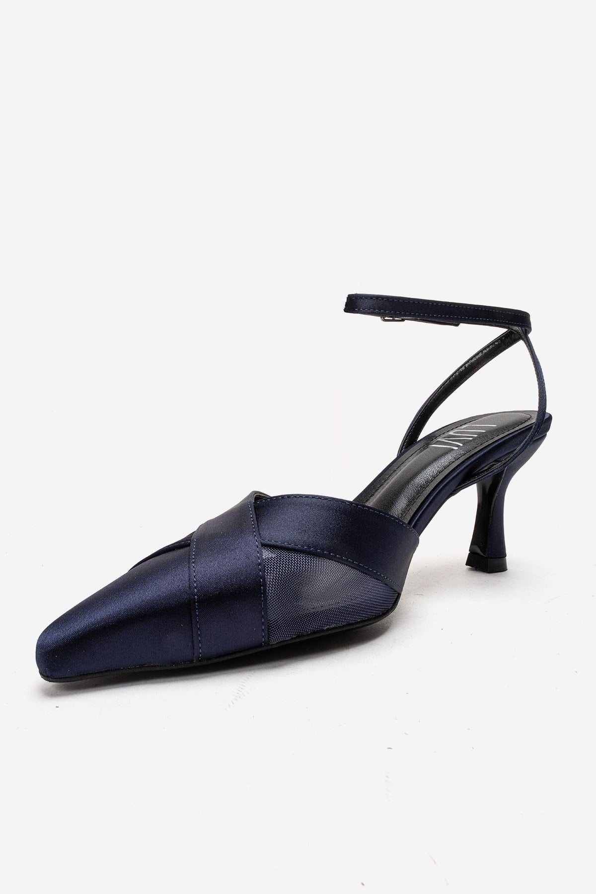 ESTELA - Navy Satin Stiletto Pump – top view showing satin, leather, mesh, SimmiUnique