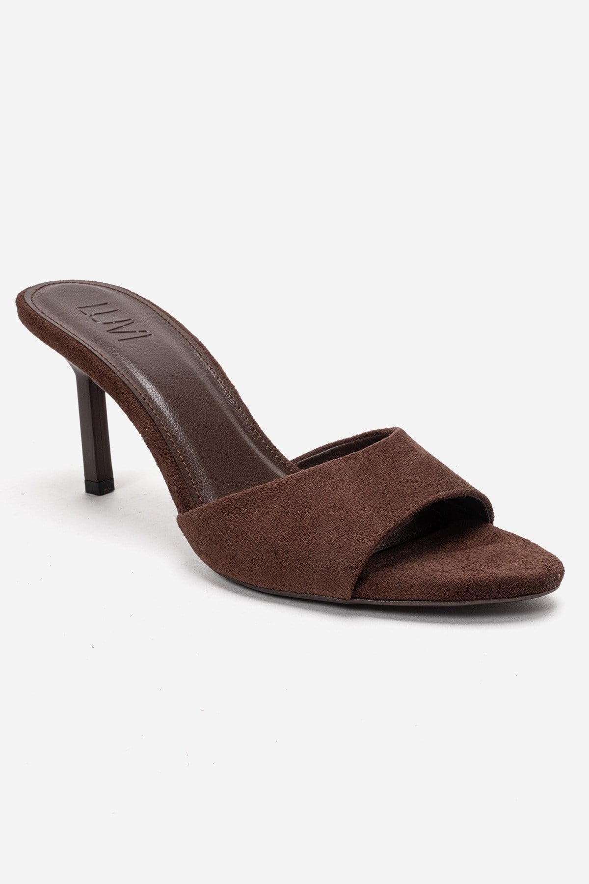 Varelan - Brown Suede Heeled Mule – detail view showing leather, suede, SimmiUnique